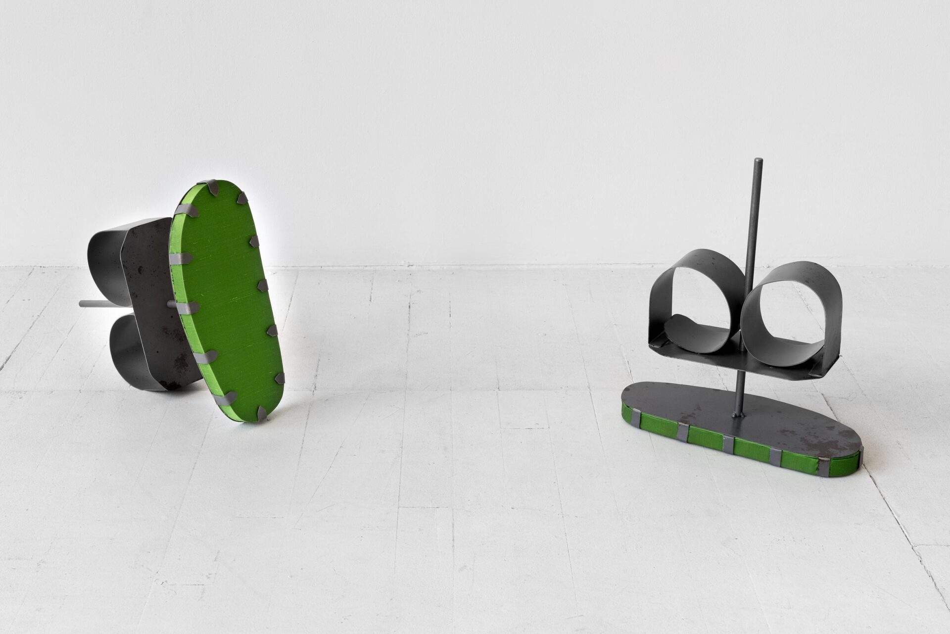 Kyle Alden Martens, Stud Earring Shoes, 2022, steel, silk, wood, top coat, rust, 11"x14" each