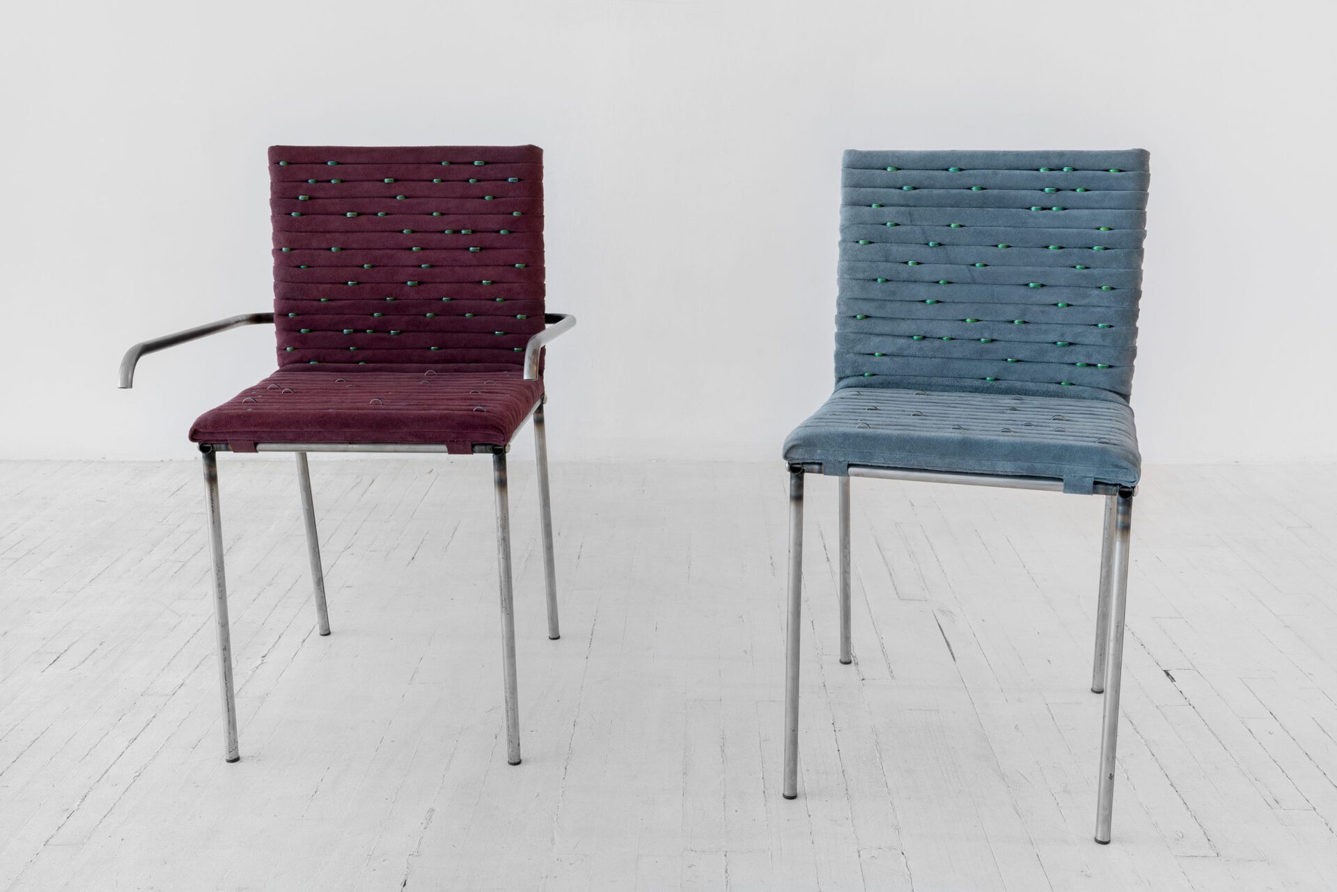 Kyle Alden Martens, Jewellery Box Chairs, 2021, steel, leather, foam, mood rings, 32"x18"x18" each