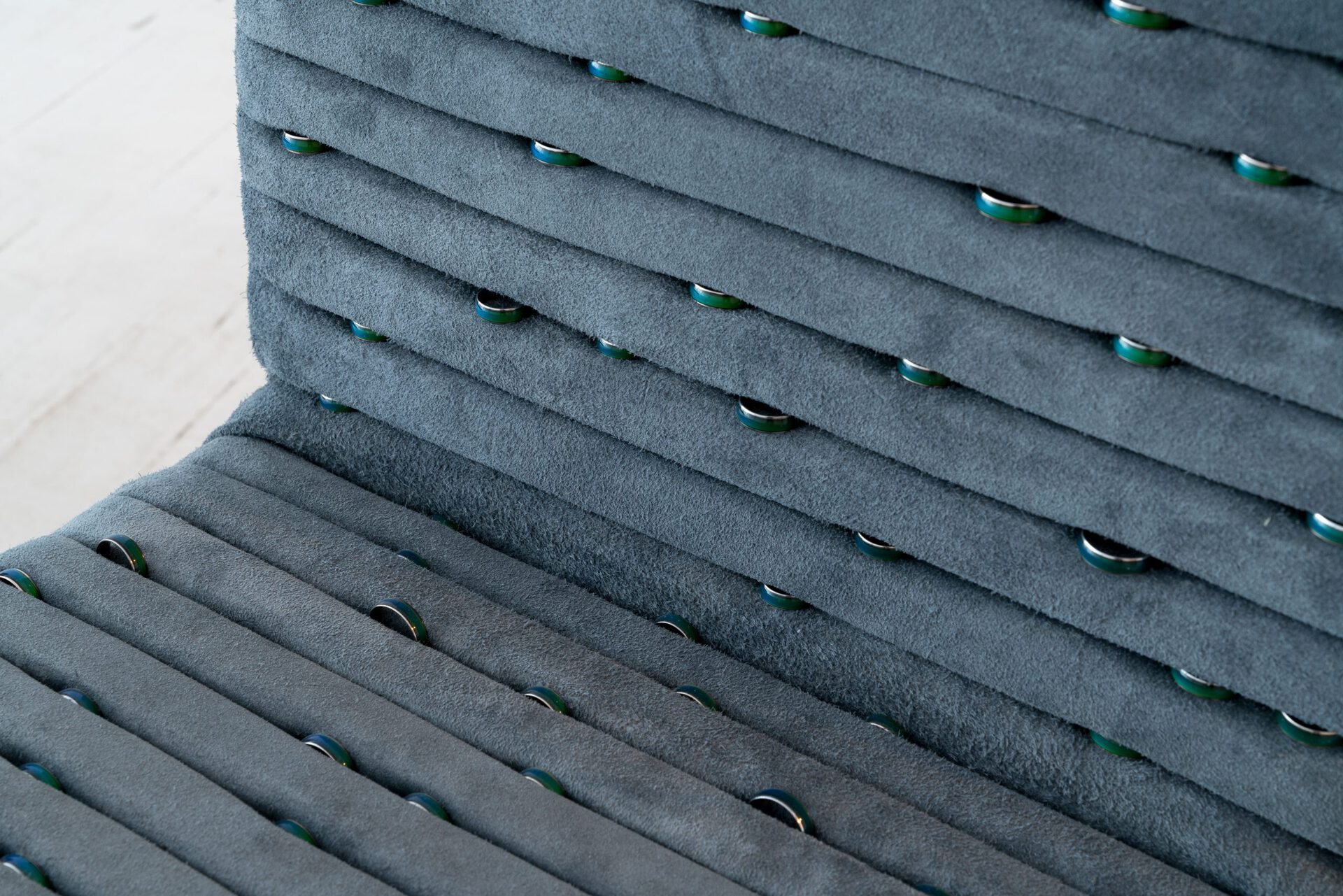Kyle Alden Martens, Jewellery Box Chairs (detail), 2021, steel, leather, foam, mood rings, 32"x18"x18"