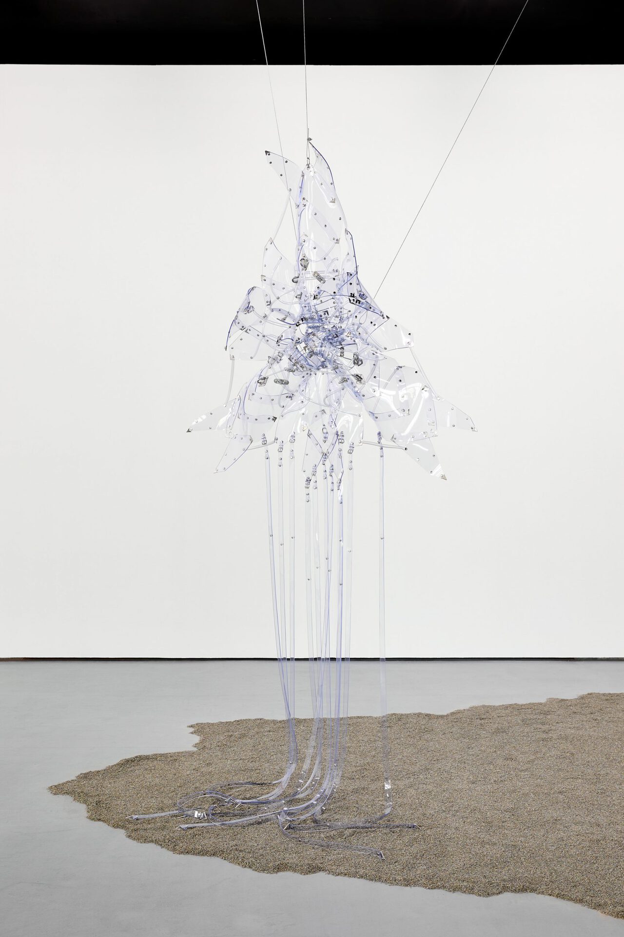 Floryan Varennes, Matriarche, 2022 muzzles, medical tubes, medical PVC, stainless-steel fasteners, rivets, rings, medical instruments 160 x 160 cm