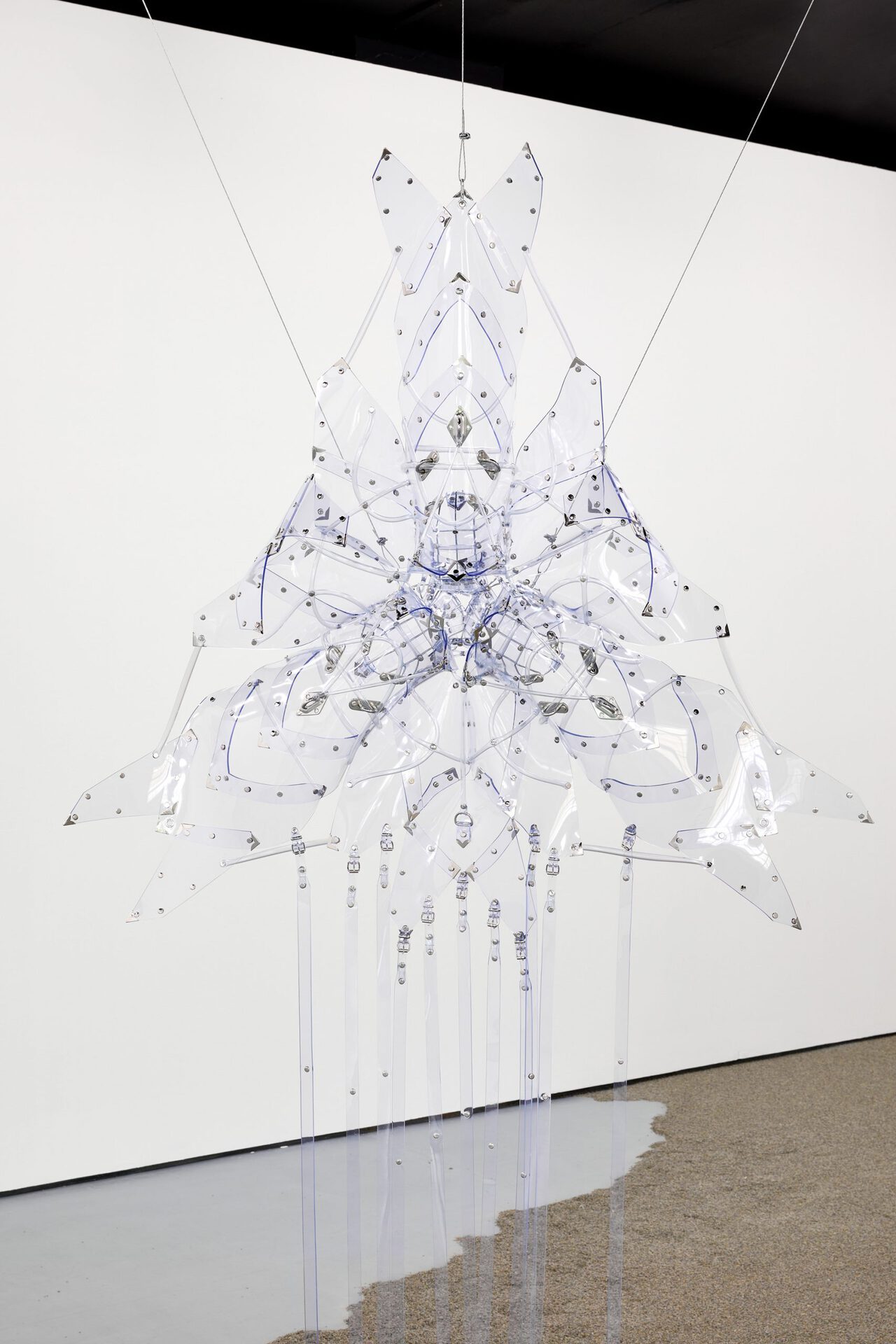Floryan Varennes, Matriarche, 2022, detail muzzles, medical tubes, medical PVC, stainless-steel fasteners, rivets, rings, medical instruments 160 x 160 cm