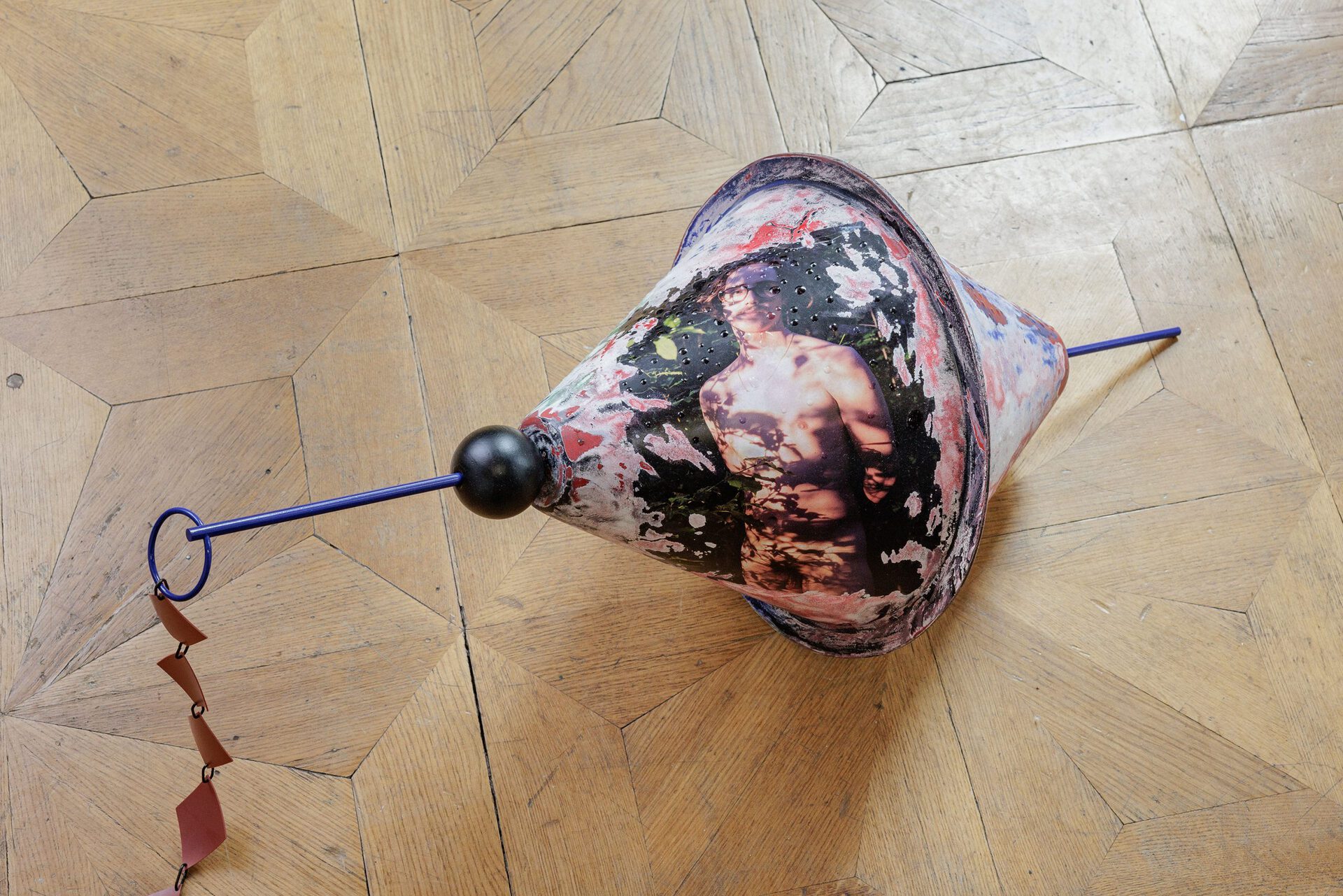 Sasha Auerbakh, Sebastian D. 3, 2022. Found object, steel, paint, wood, silicone, inkjet print on decal foil, UV resin, 40cm x 40cm x 91cm
