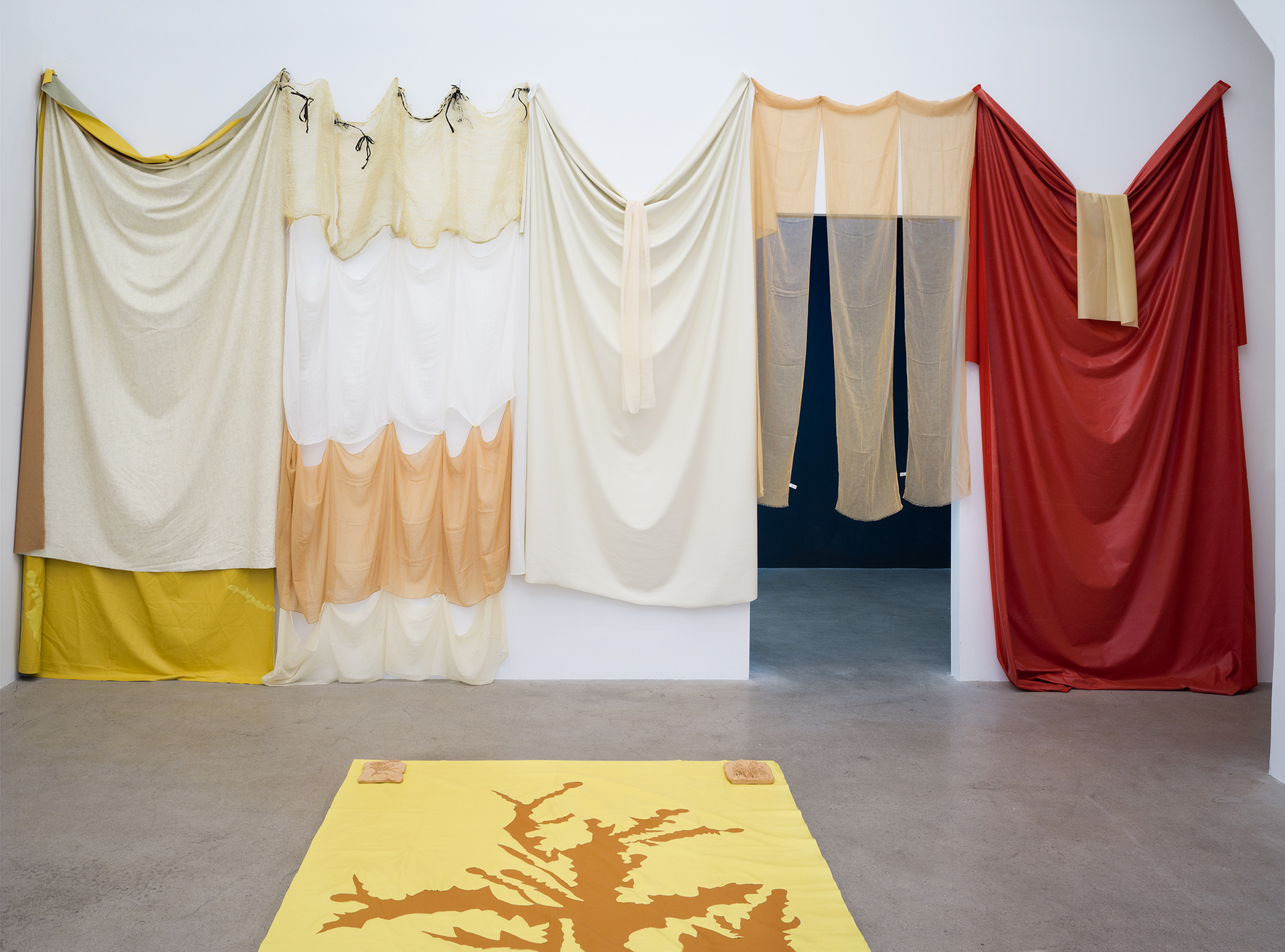 Hertta Kiiski Plasticenta Altar 2022 From left to right. Drape Psyche, Drape Entropy, Altarpiece Void, Altarpiece Intimacy, Altarpiece Love Materials: Mixed Media Dimensions Variable