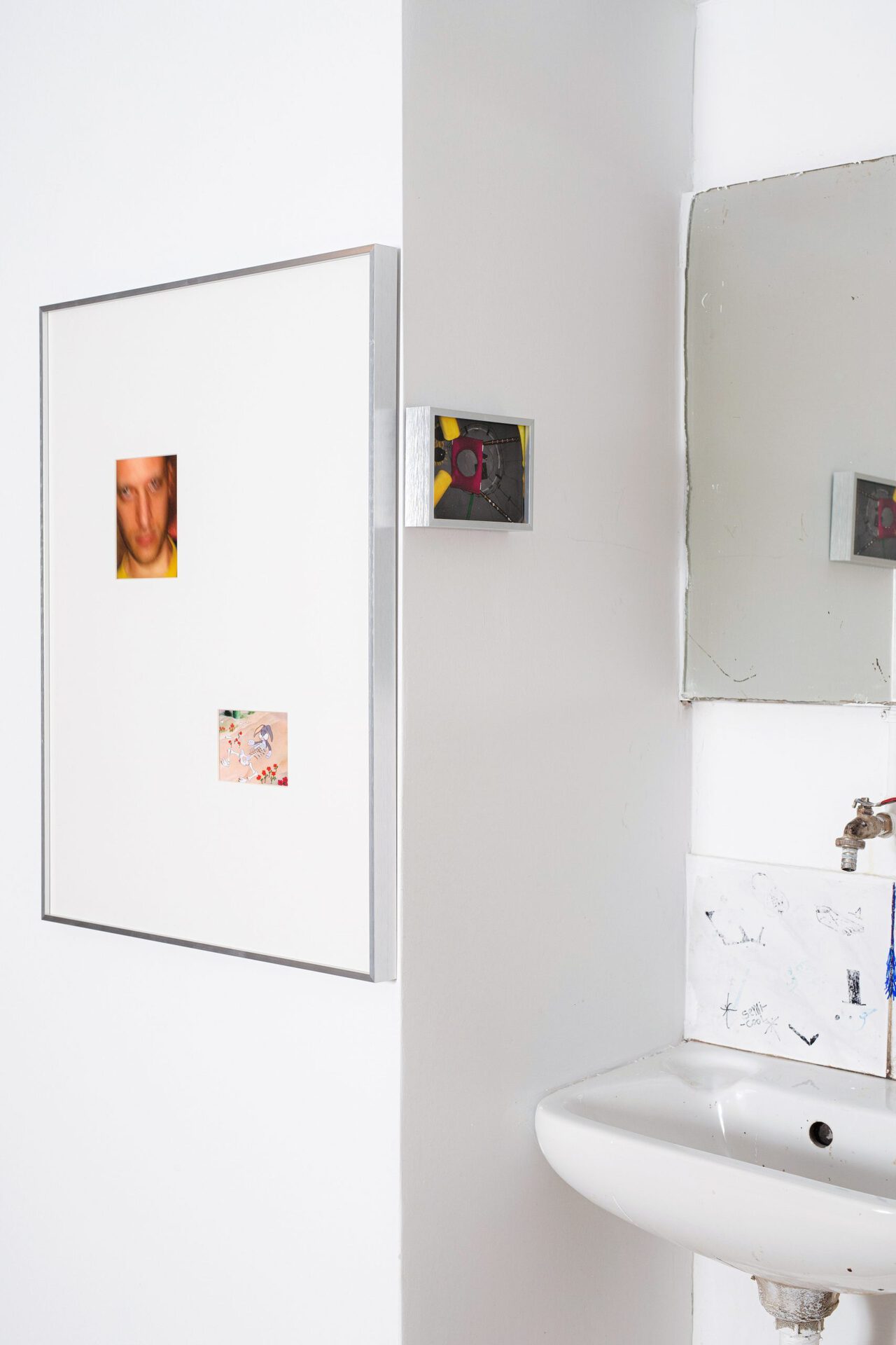 11 Captain Stavros, "Between Rabbit of Caerbannog and EFROCYNOC mosaic", digital prints & cutter-scratch on glass, 50X65cm, 10X15cm, 2022, photo by Nikos Ziagakis