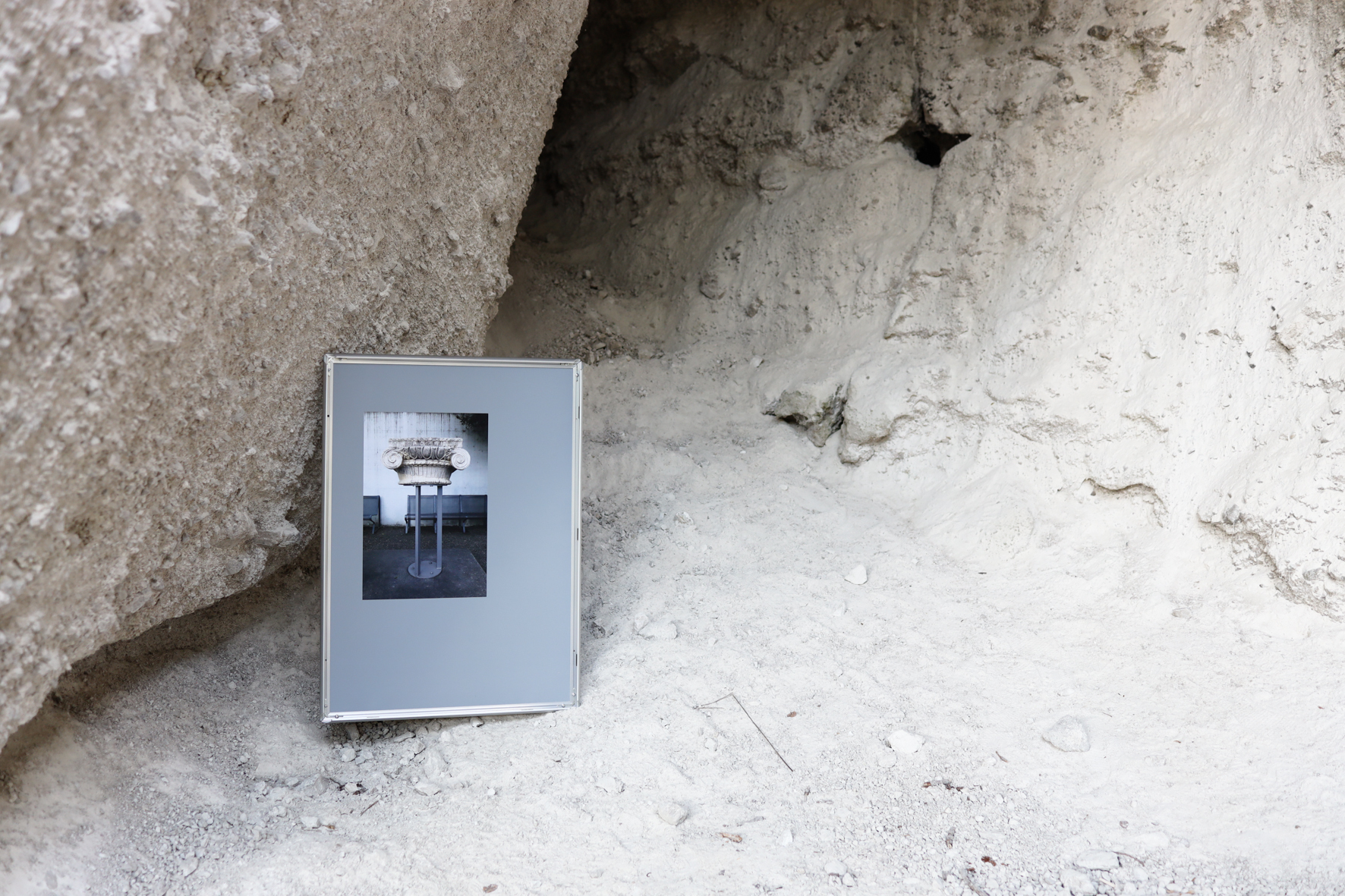 Bianca Pedrina, Shhh - Just be a rock, 2022, Aluminium Snap Frames, Prints on Fujicolor Archive Paper, 88 x 64cm, installation view inside the cave