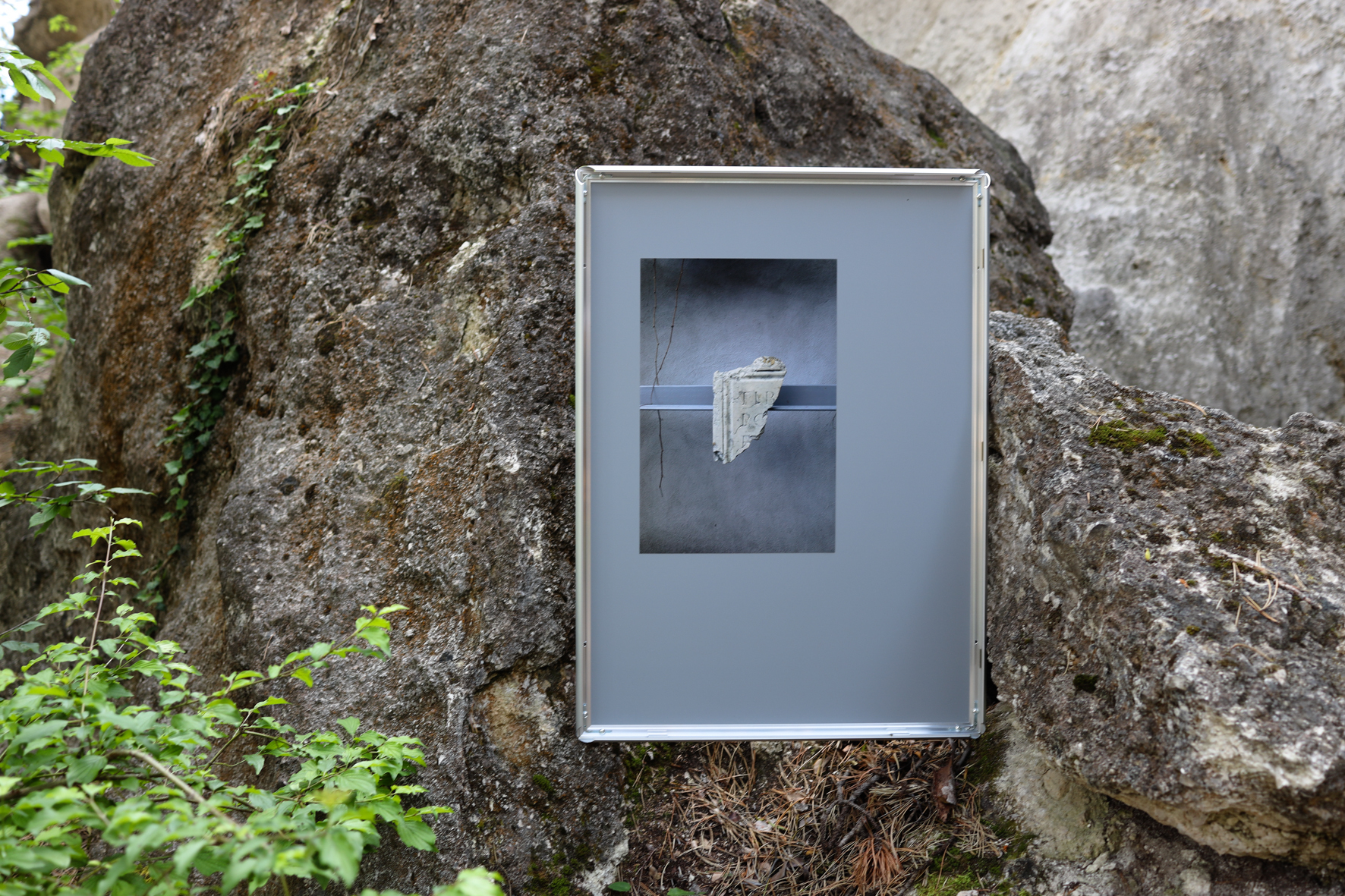 Bianca Pedrina, Shhh - Just be a rock, 2022, Aluminium Snap Frames, Prints on Fujicolor Archive Paper, 88 x 64cm, installation view outside the cave