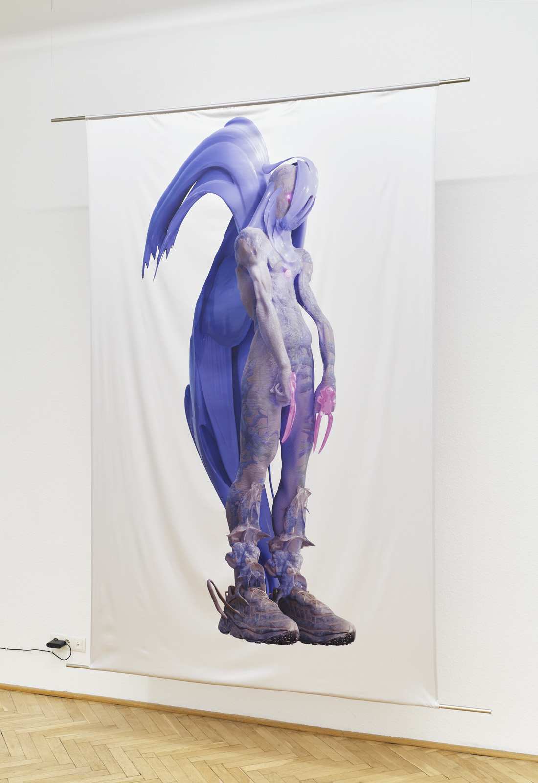 Eternal Engine, please be tender with my data (non-binary player 1), 2022, 3D graphics (Eevee engine), sublimation printing on satin