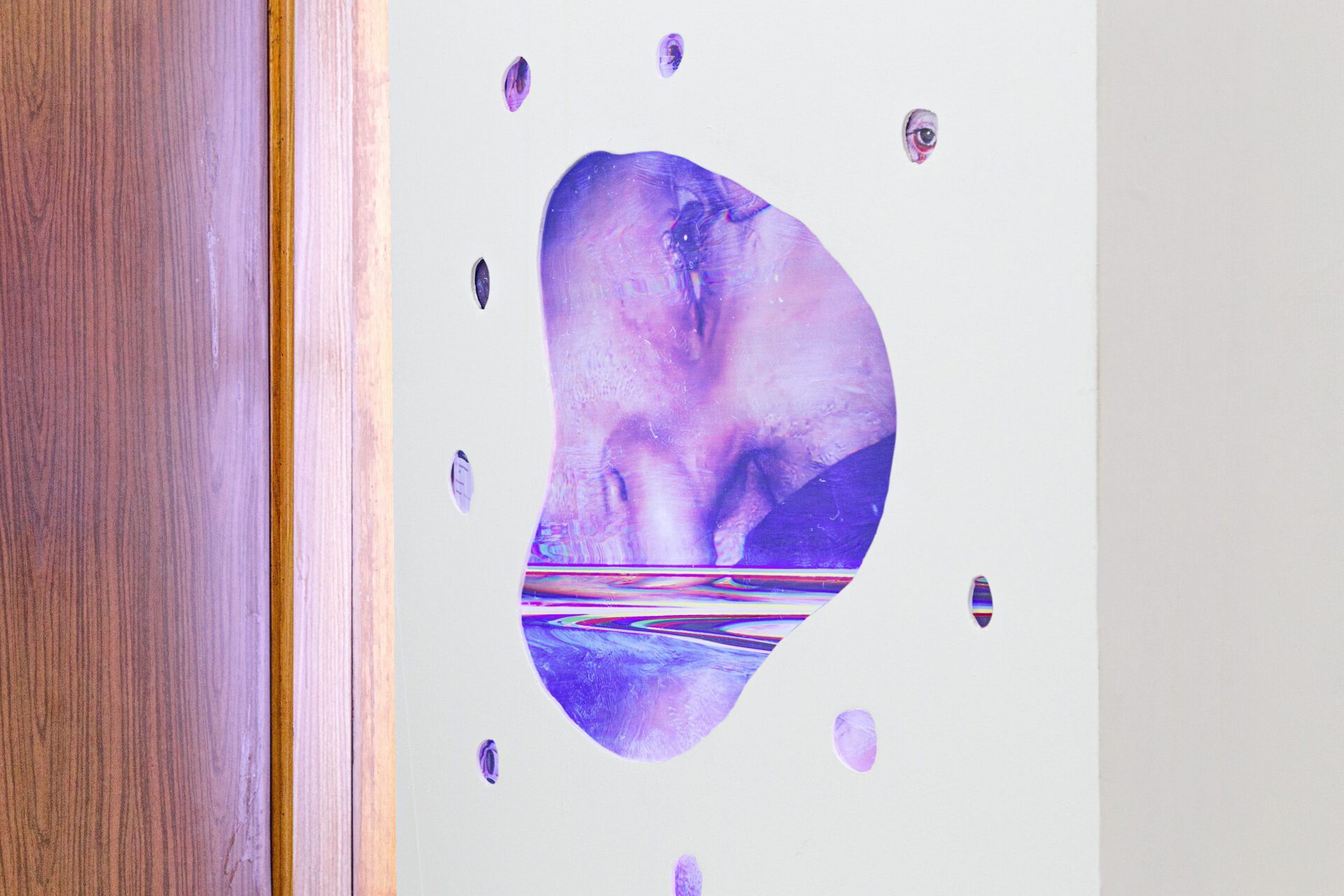 Anton Andrienko, Untitled, 2022, plywood, digital print on plexiglass, acrylic paint, wooden planks, LEDs; 296x270x10 cm