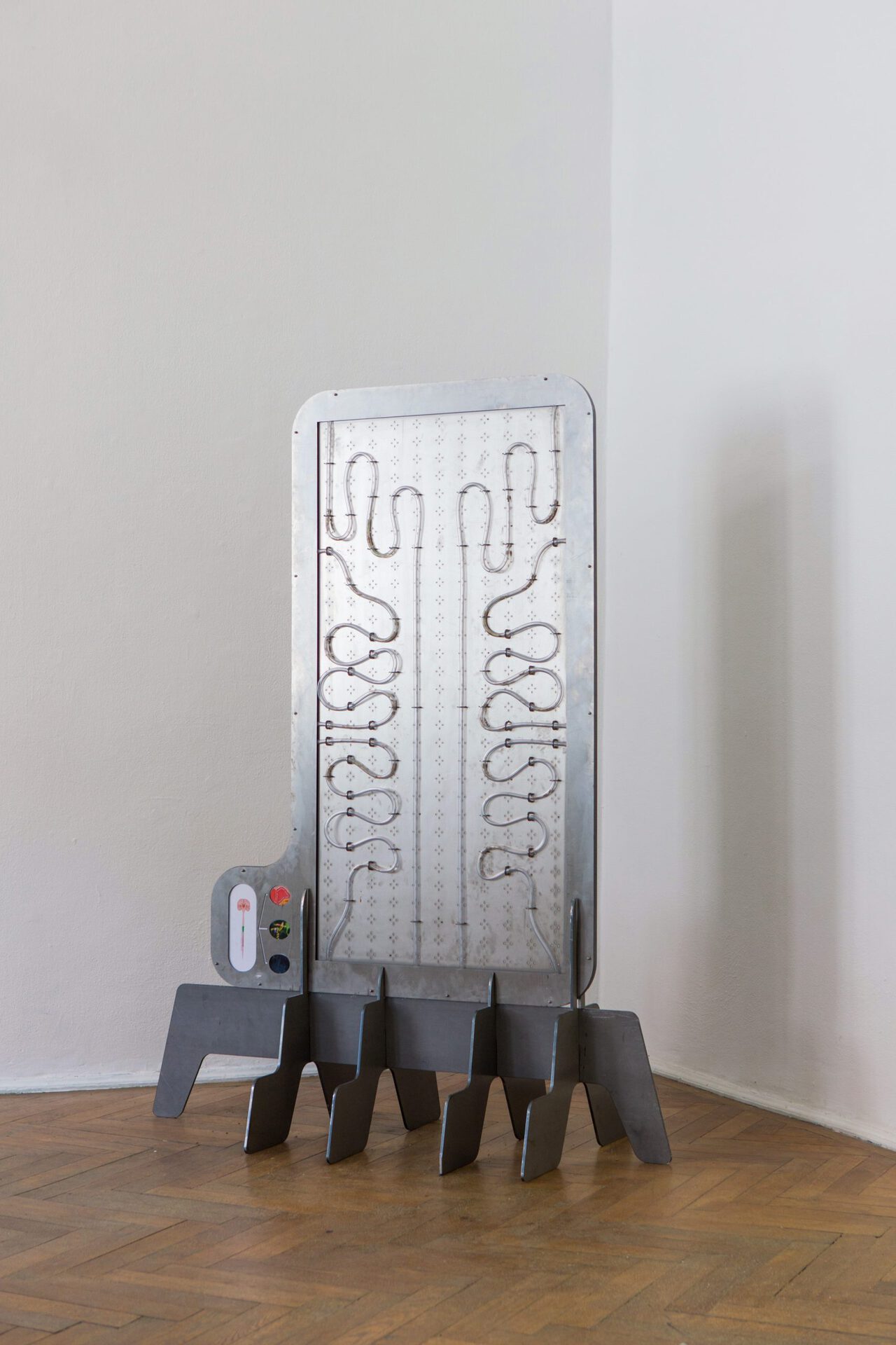Šimon Chovan, Retired Seeding Unit, 2022, Black steel, PVC, rye seeds, print on foil, Courtesy of the artist