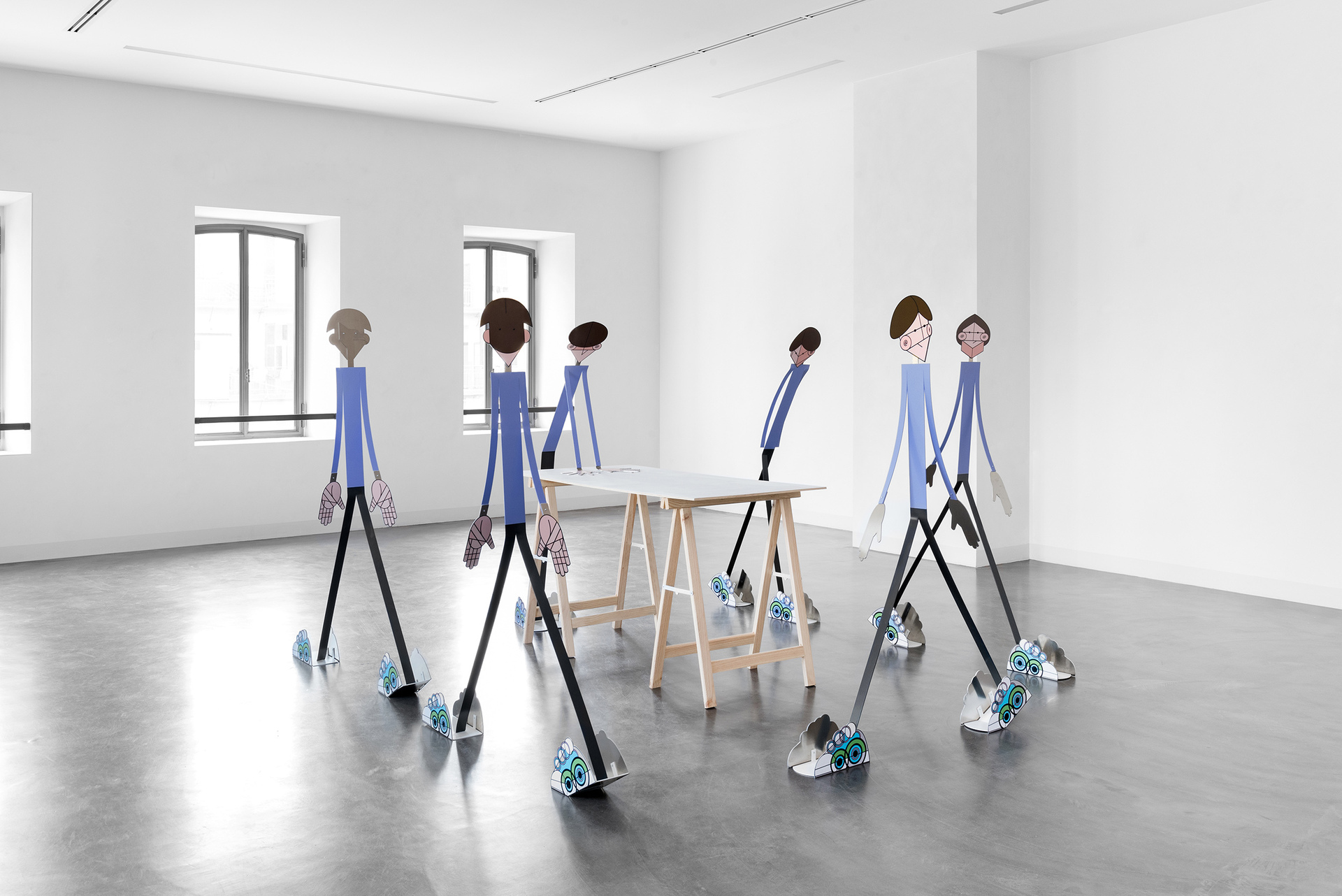 Federico Cantale; Thinking with feet (Polimorf 2), 2022; Varnished aluminum and printed adhesive vinyl; 165 x 30 x 100 cm each individual sculpture