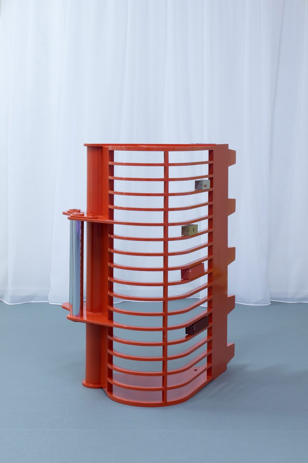 Tom Putman, Untitled, 2022, MDF, chrome plated steel, miniature shipping containers, 80x60x55