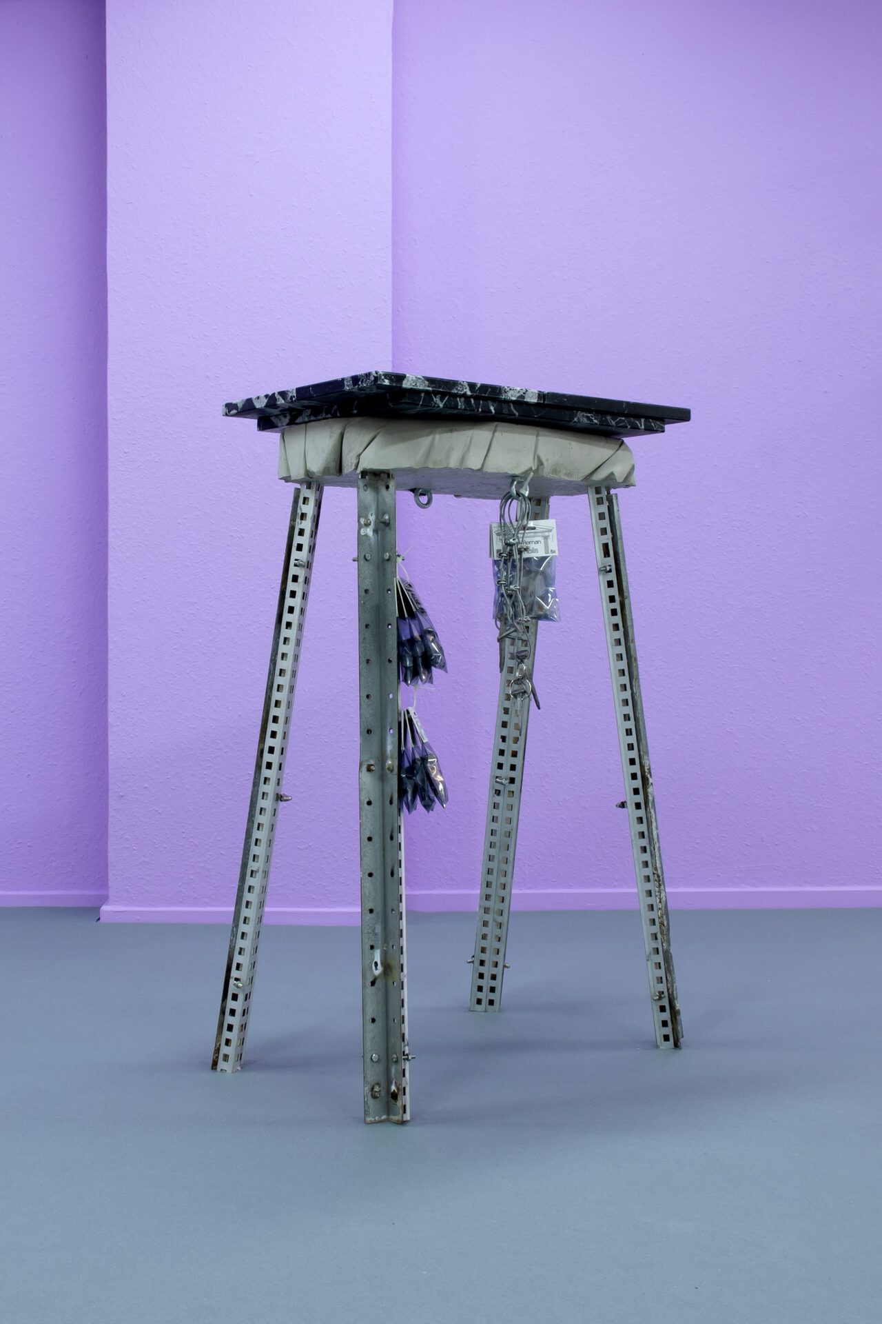 Wannes Missotten, Pete’s wonderful Gift/Gallo-Roman Tin Nails, 2022, Marble tableaux, steel, tin, plastic, cardboard, wire, High-Tack, concrete, 102x70x42cm