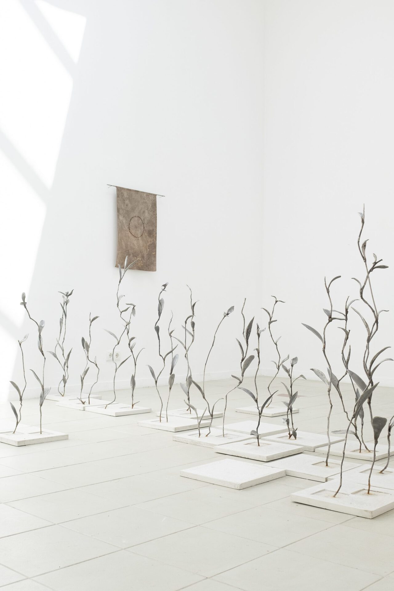 Katharina Gahlert,Angry Circle, 2022, Textile dyed with catechu and Rust, Rose Thorns, Yarn, 67 x 47 cm, Michal Fuchs, Von dem Land hinab zu gehen, 2021, iron cast, concrete, rust / tiles: each 30x30x2,5cm / plants: each 50-100cm high