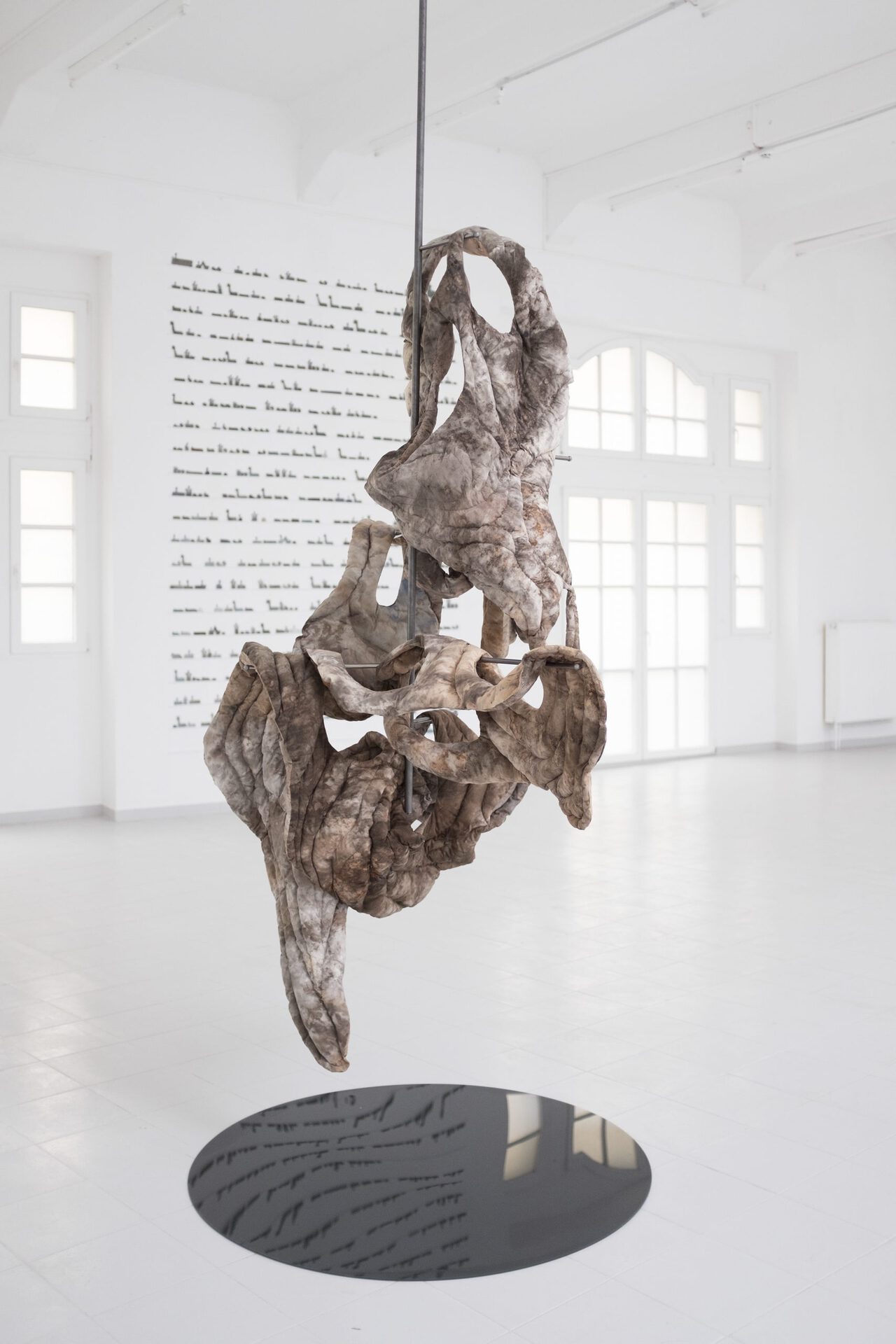 Katharina Gahlert,Body of Land,Textile, Plexiglas, H: 340 cm Diameter base plate: 120cm, Michal Fuchs, Mesusa, 2018, Laser Cut, 400cm x 230cm x 1.2 cm