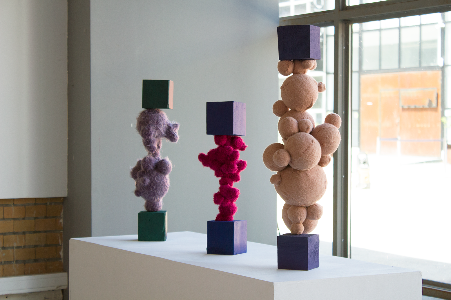 Alexandra Satmari, Metaball I, II &amp; III, 2020, 3 sculptures, fur, polyurethane foam, wood, 59 x 17 x 16 cm; 49.5 x 13 x 15 cm; 70.5 x 28 x 20 cm;
