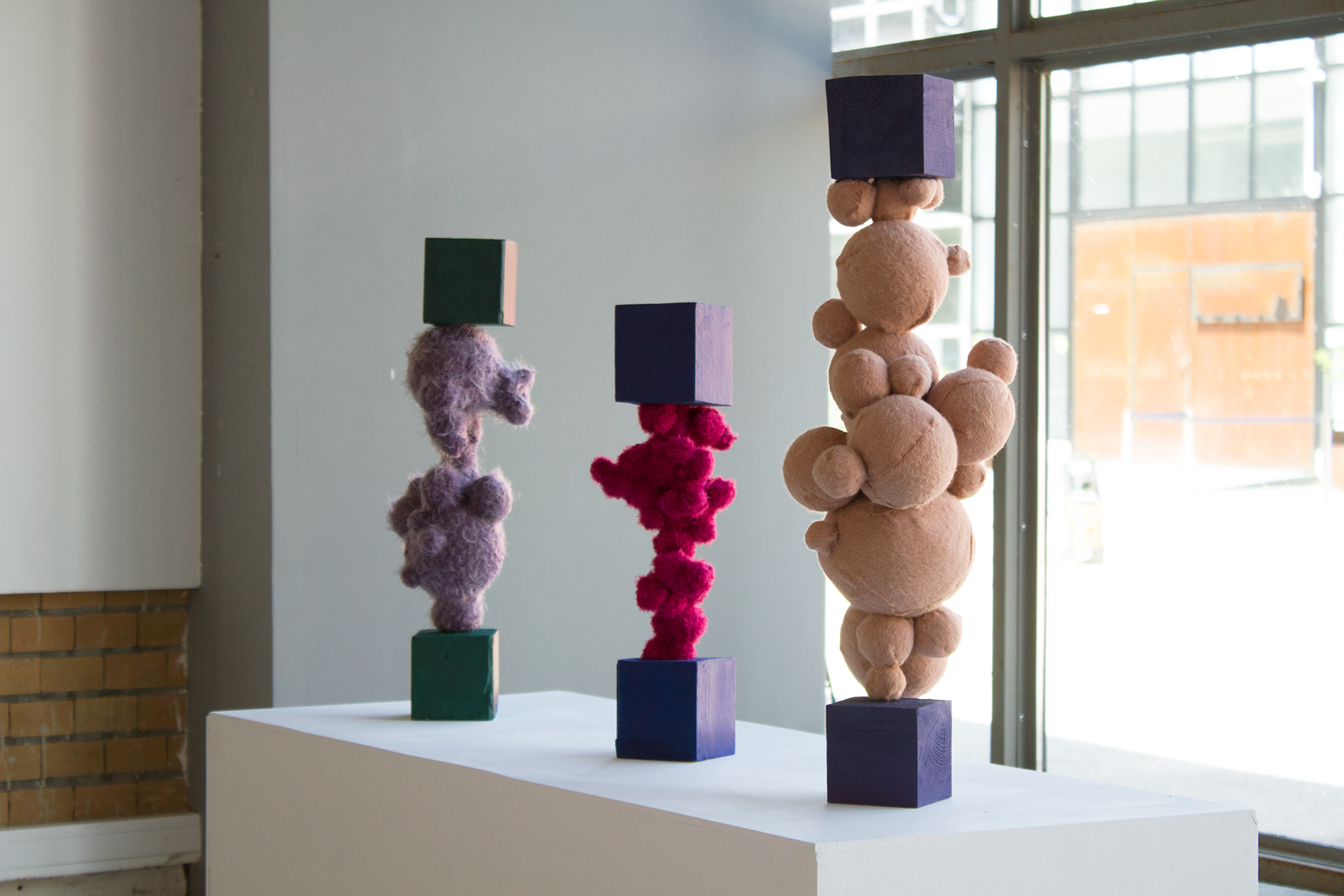 Alexandra Satmari, Metaball I, II & III, 2020, 3 sculptures, fur, polyurethane foam, wood, 59 x 17 x 16 cm; 49.5 x 13 x 15 cm; 70.5 x 28 x 20 cm;