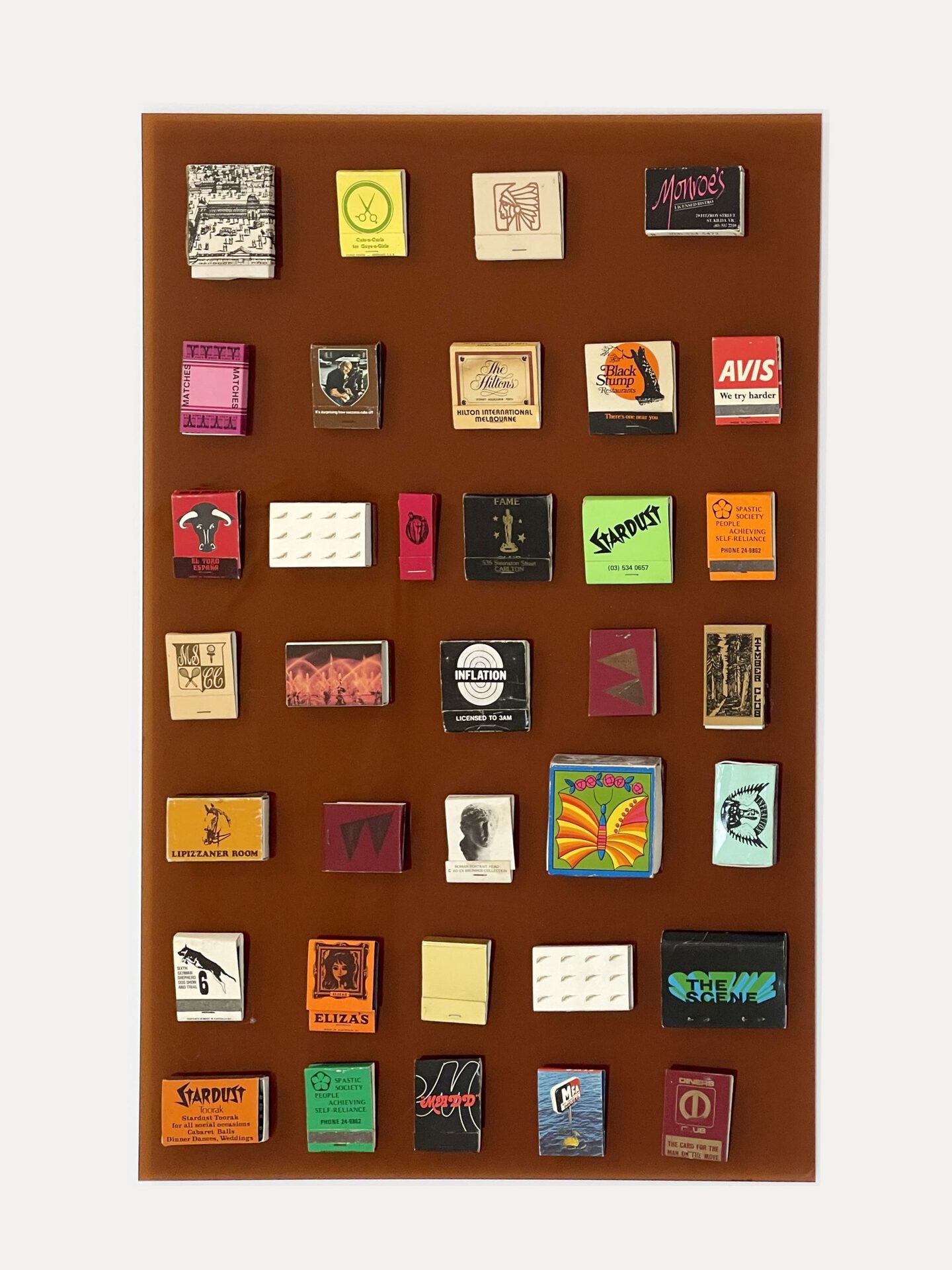 Victoria Todorov, Stogie cutter, 2022, vintage matchbooks, adhesive, acrylic, 60 x 40 cm