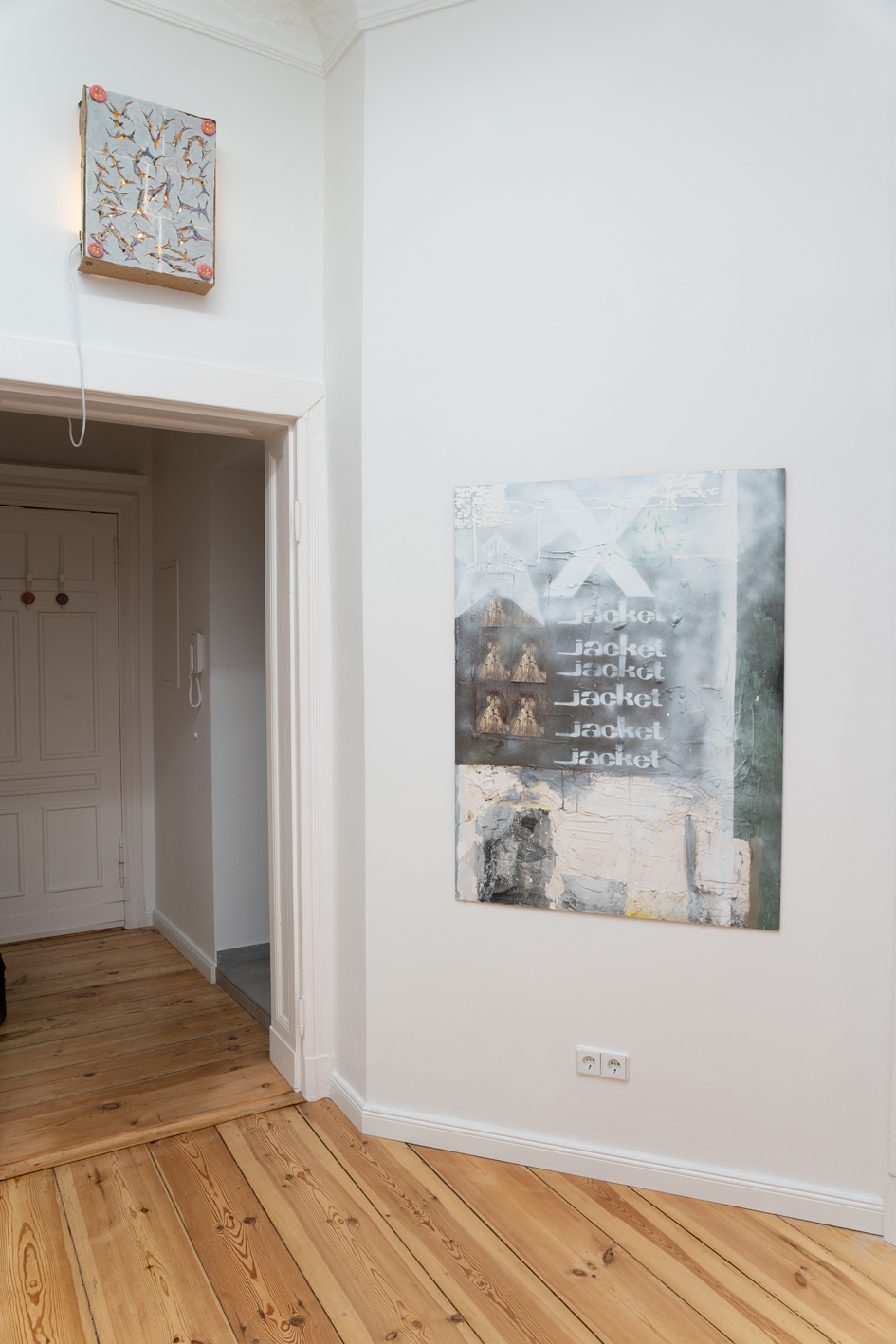 Jake Kent, Eviction Notice, Gouache, water colour and oil pastel on ceramic, found materials, LED, 2021 and Alethea Everard, Untitled, Plaster, enamel, acrylic on MDF, 2020