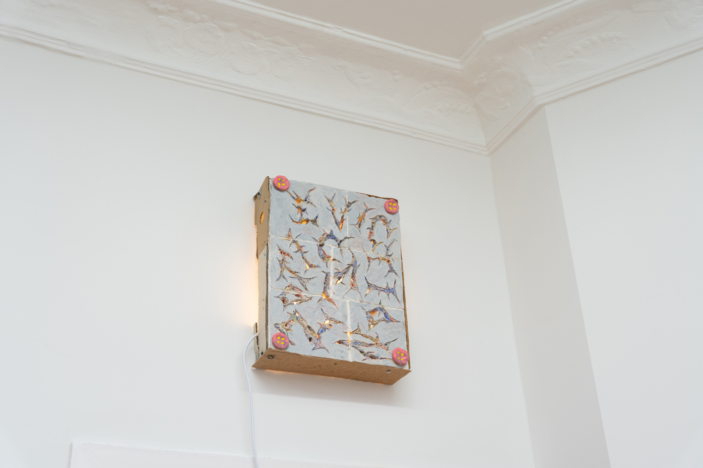 Jake Kent, Eviction Notice, Gouache, water colour and oil pastel on ceramic, found materials, LED, 2021