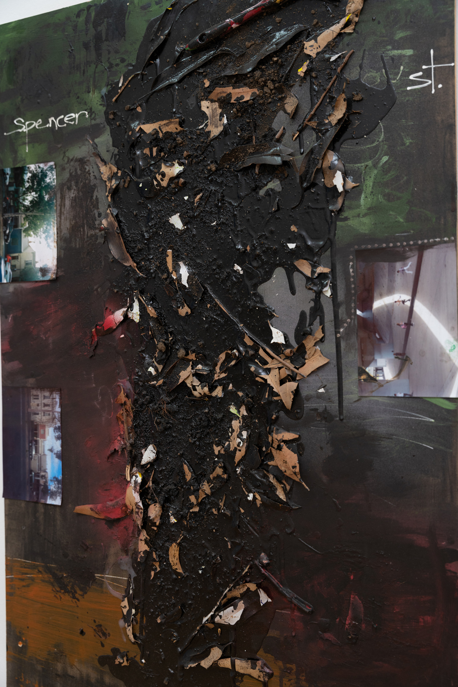 Alethea Everard, Untitled, Spencer Street, bitumen, acrylic, leaves, MDF, sleep, concrete, animals, hope, love, Detail view, 2020