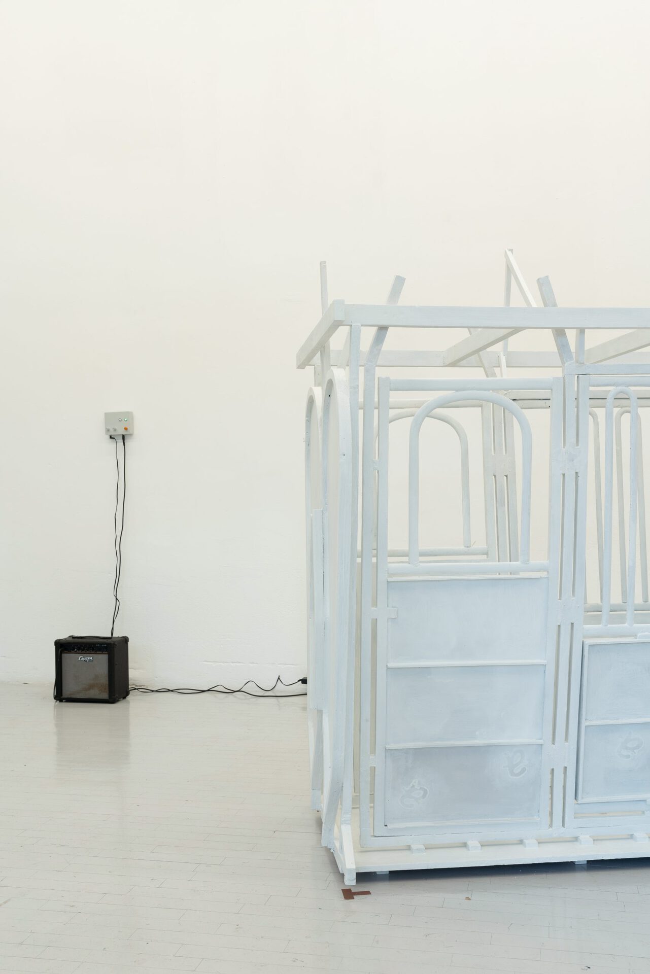 bit (b, i) Isabelle Frances McGuire, Die cast aluminium, LED heart pulse sensors, electrical components, aux cord, power strip, amp, 2022; ex (crush) Bailey Connolly, XPS foam insulation, primer, tempura paint, spray paint, spackling paste,  gorilla glue, adhesive, butterfly pins,  sequin pins, 2022
