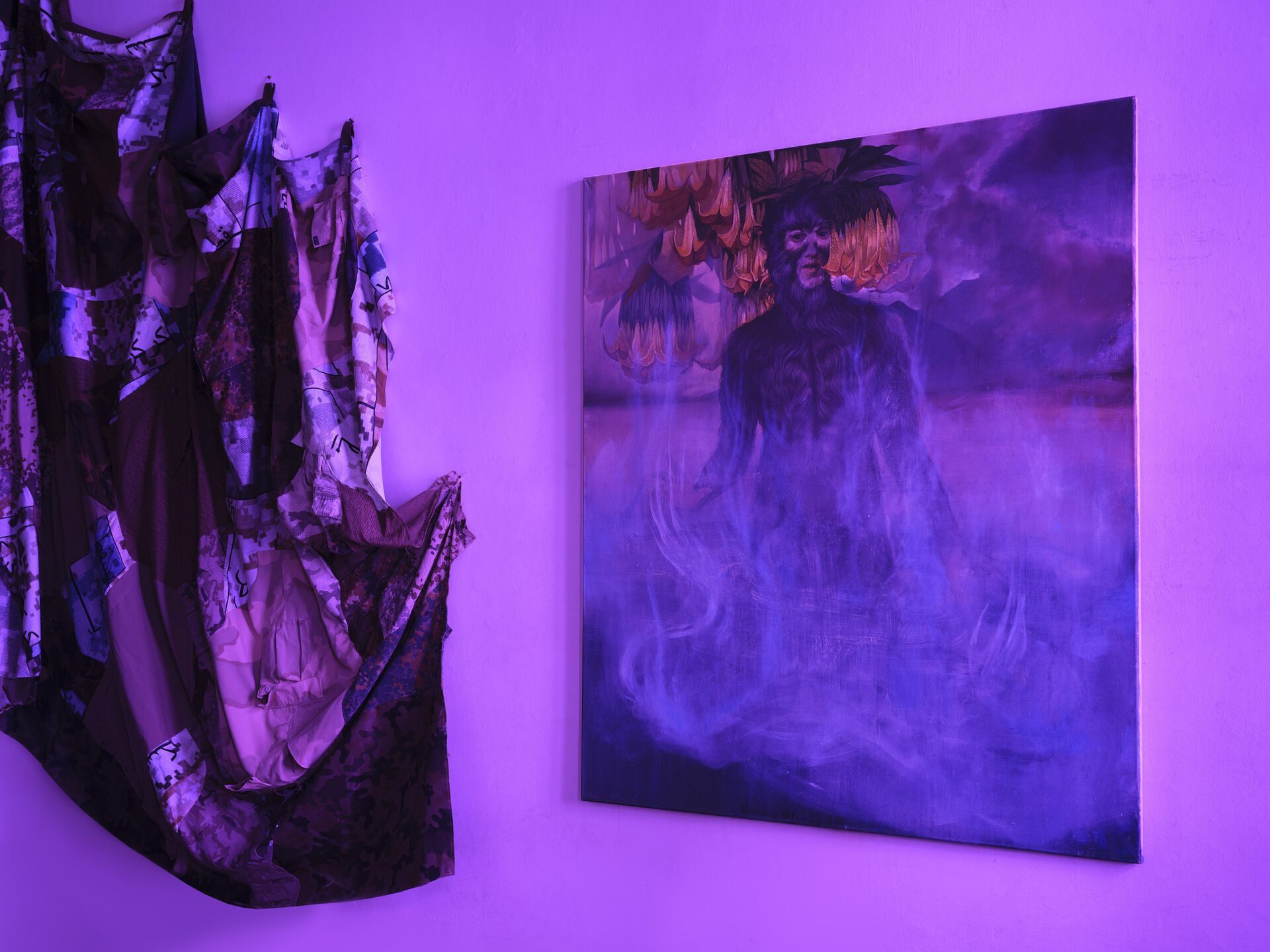 from left: Jasmina Metwaly, Downfall, curtain, 2019-2020 (Collaboration: Marta Szypulska); Krzysztof Gil, Bengoro, oil on canvas, 2021