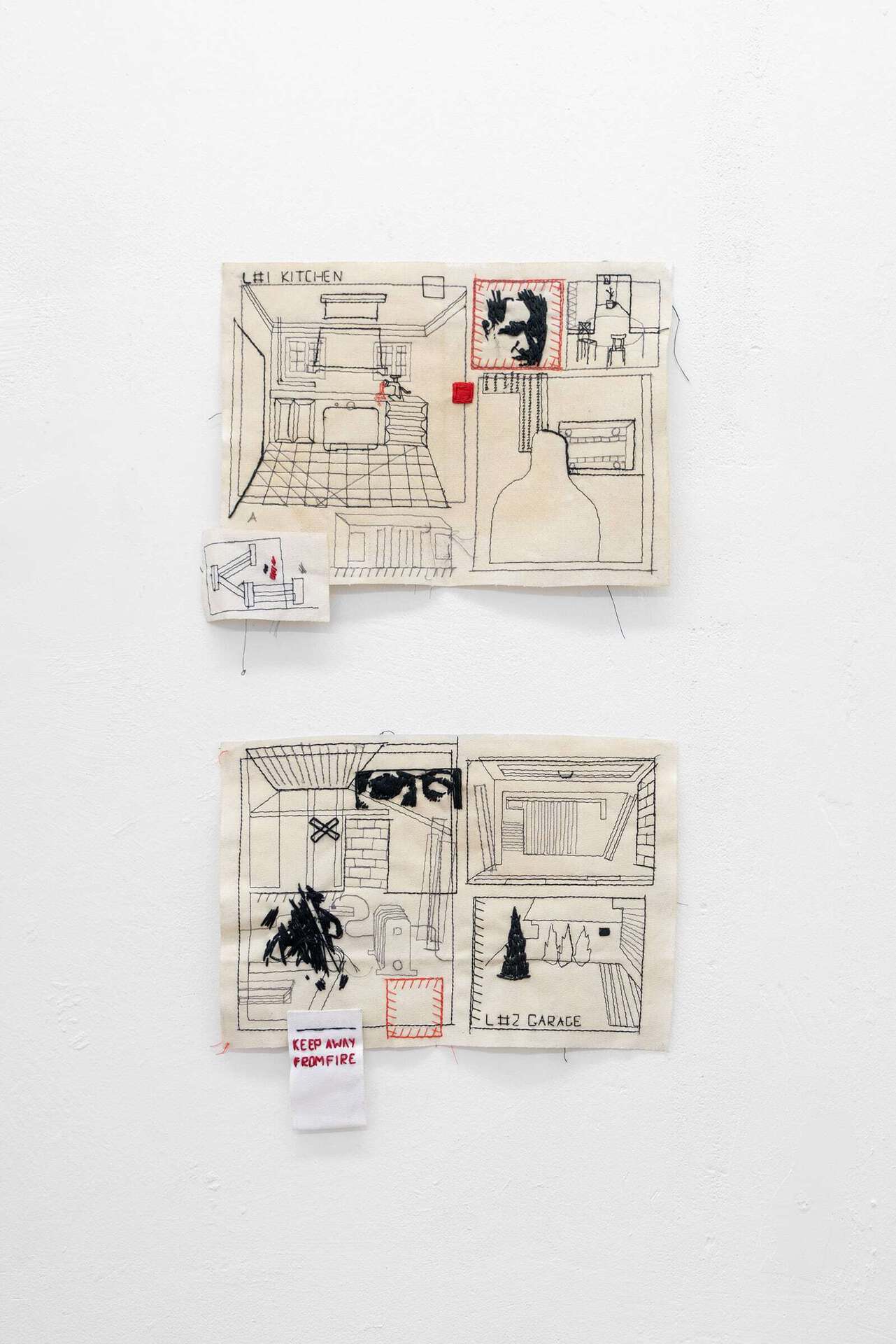 Ksenia Marchenko, L # I K I T C H E N, 2020, embroidery on canvas, 20 x 30 cm / L # 2 G A R A G E, 2021, embroidery on canvas, 20 x 30 cm