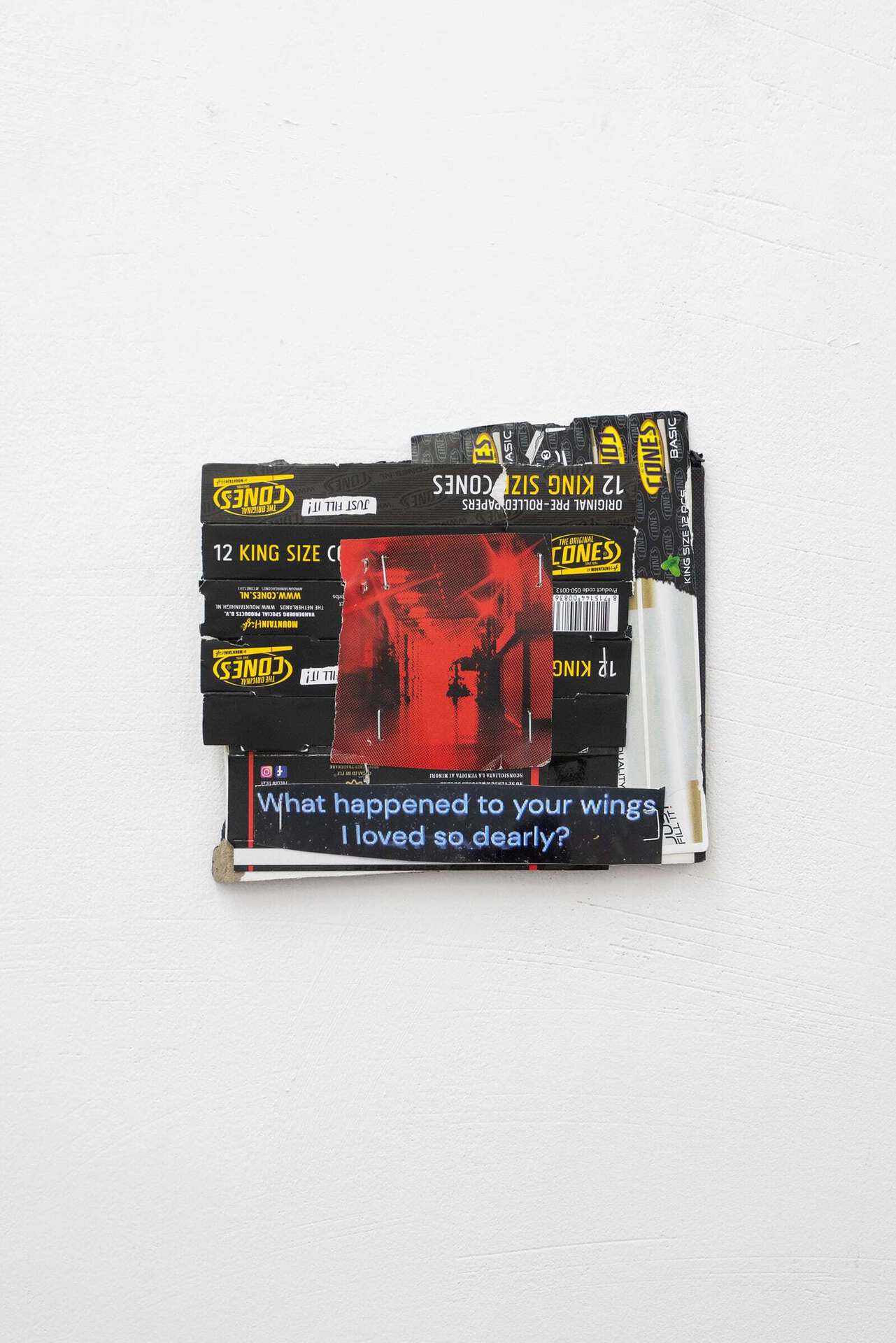 Victor Vejle, In the ward, 2021, cut out, bandage, lipstick, glue and acryl on book cover, 10 x 16 cm