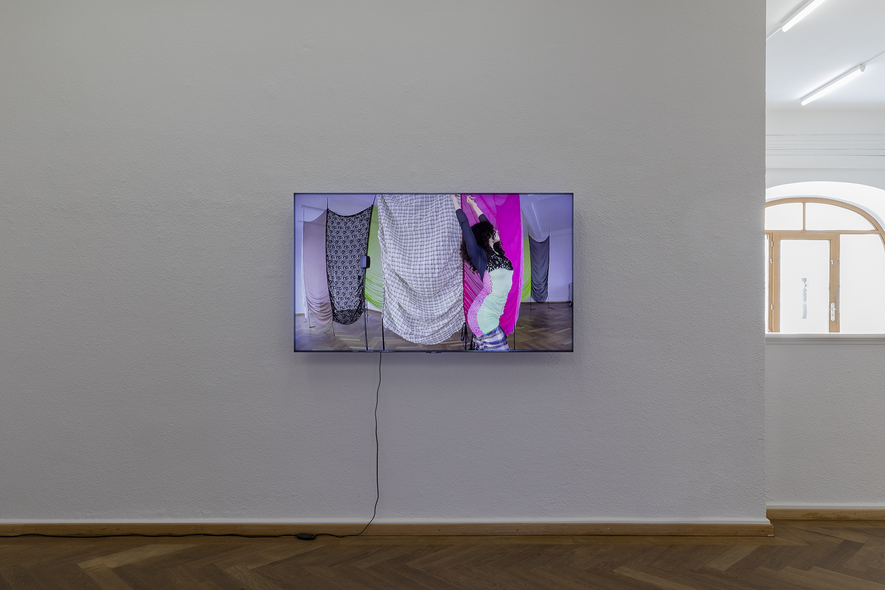 Lara Dâmaso, to the unborn: catharsis, 2022 3-video installation with silk curtain and satin ribbons Credit photo: © Guadelupe Ruiz