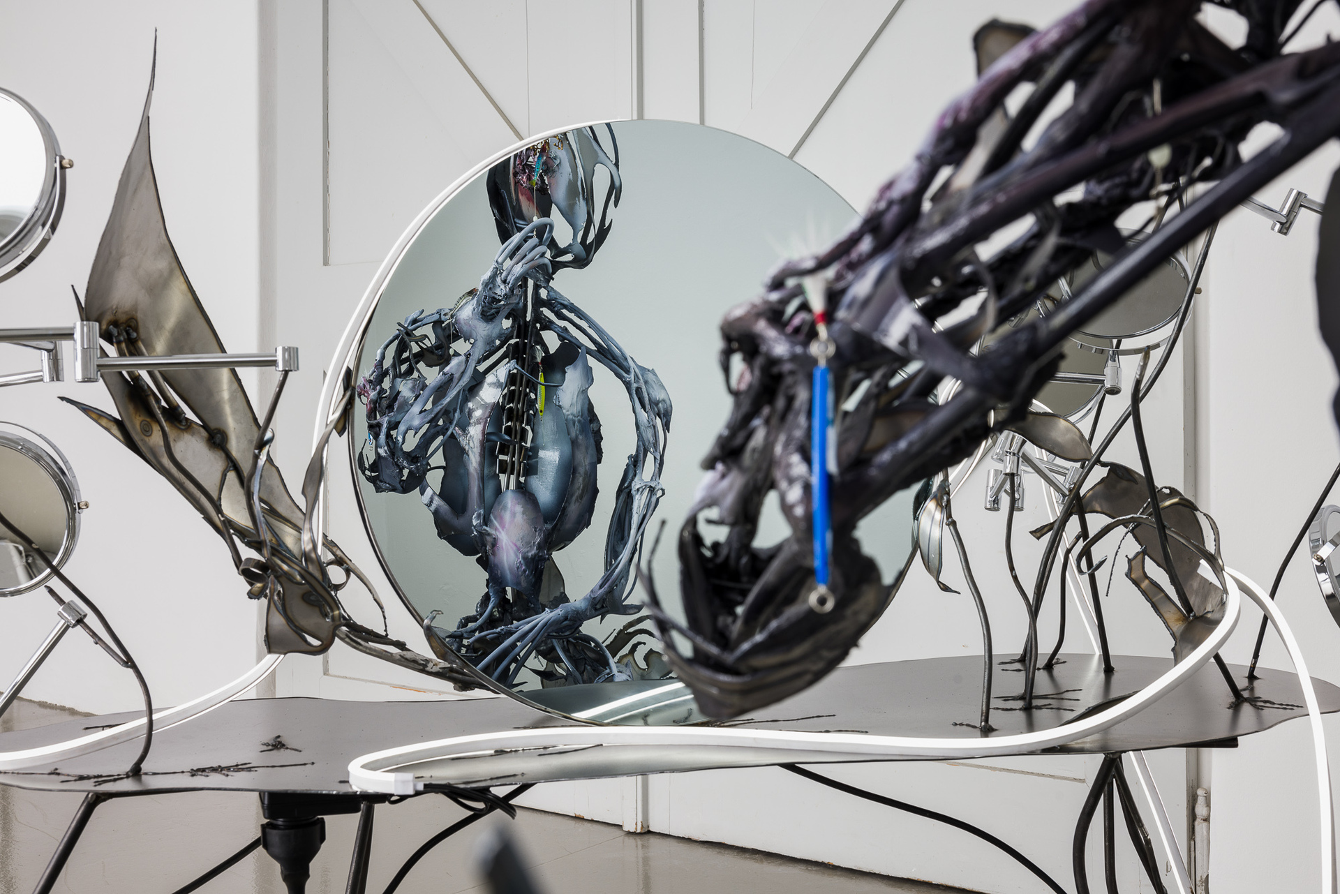 But in the end, what's the difference between the found object debris and me?, Electrical wire, Epoxy putty, Found objects, Steel, Acrylic ink, 115 x 110 x 163 cm, 2022, Photo by Kunstdokumentation