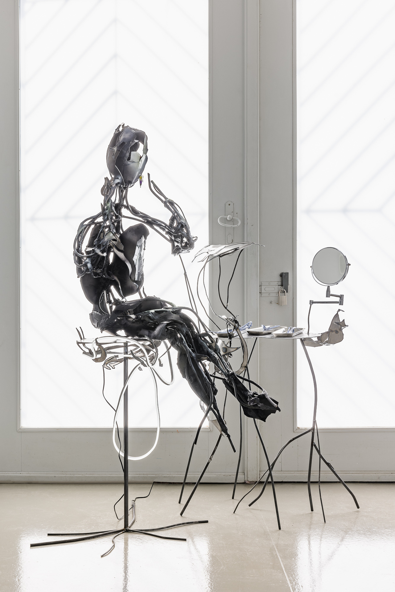 Healing process, Get rid of the foreign matter. Electrical wire, Epoxy putty, Found objects, Steel, Acrylic ink, LED strips 100 x 52 x 184 cm, 2022
