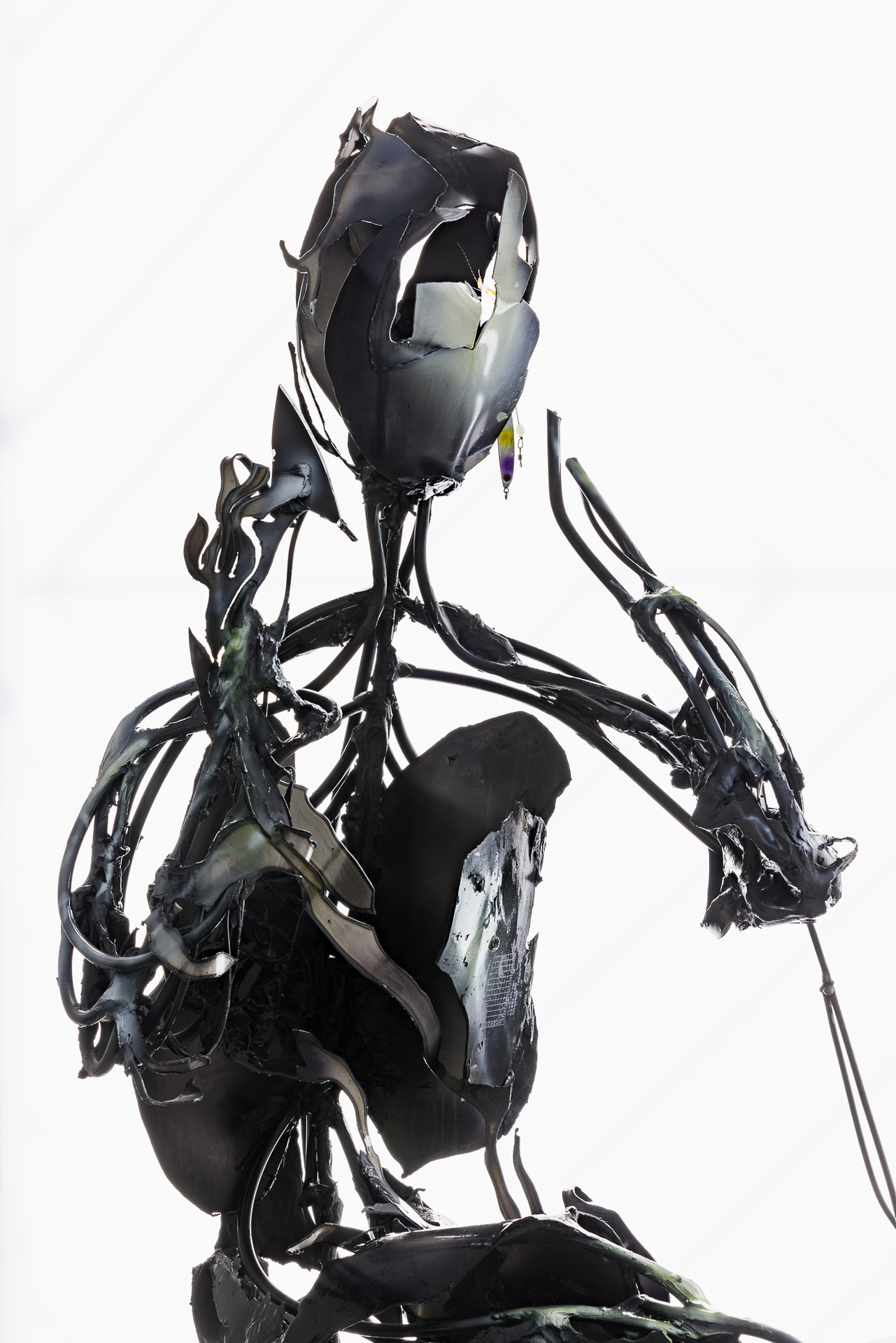 Healing process, Get rid of the foreign matter. Electrical wire, Epoxy putty, Found objects, Steel, Acrylic ink, LED strips 100 x 52 x 184 cm, 2022