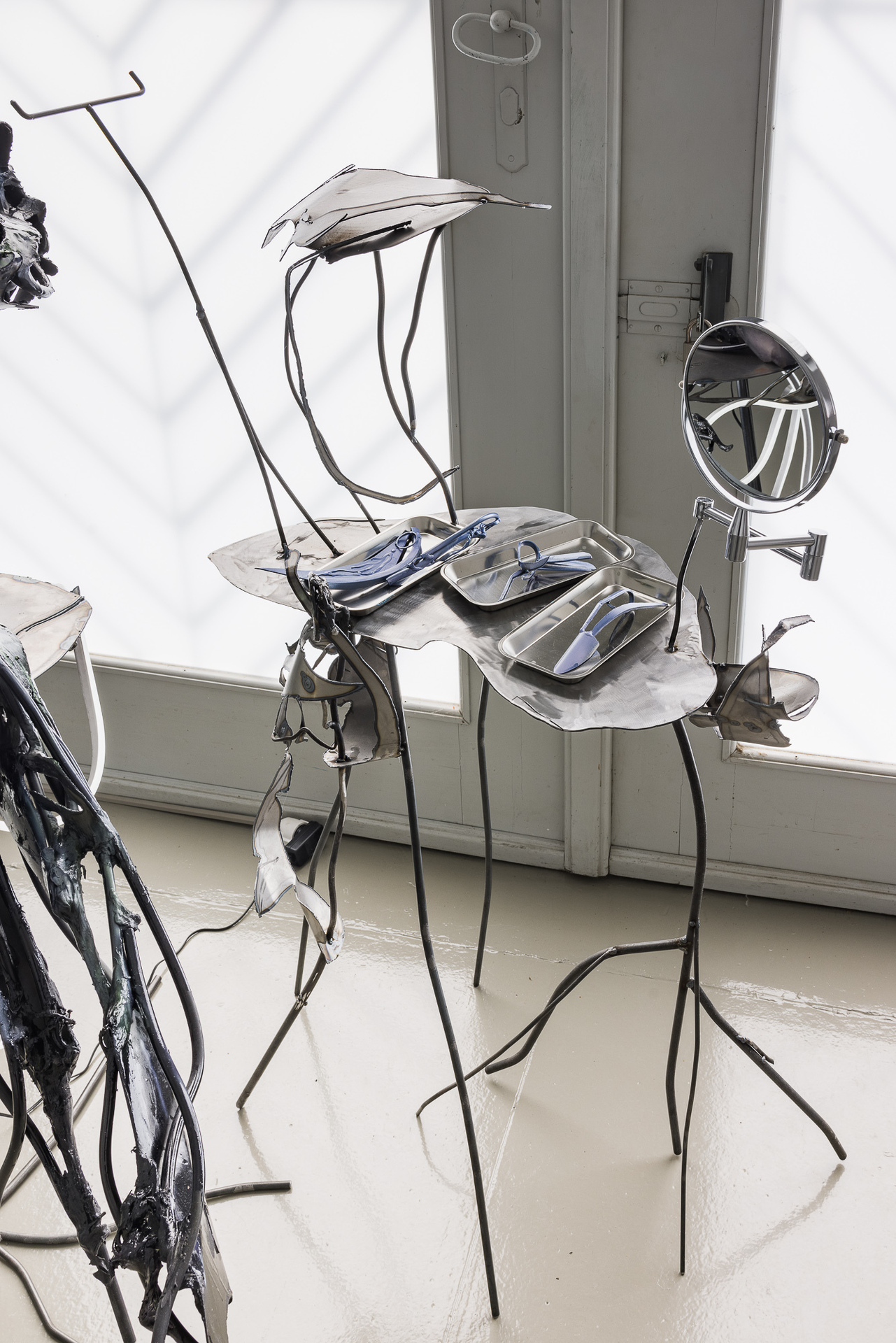 Tools and Shelves for liquid bodies Steel, Found Objects, Stainless steel, Spray paint 93 x 47 x 150 cm, 2022