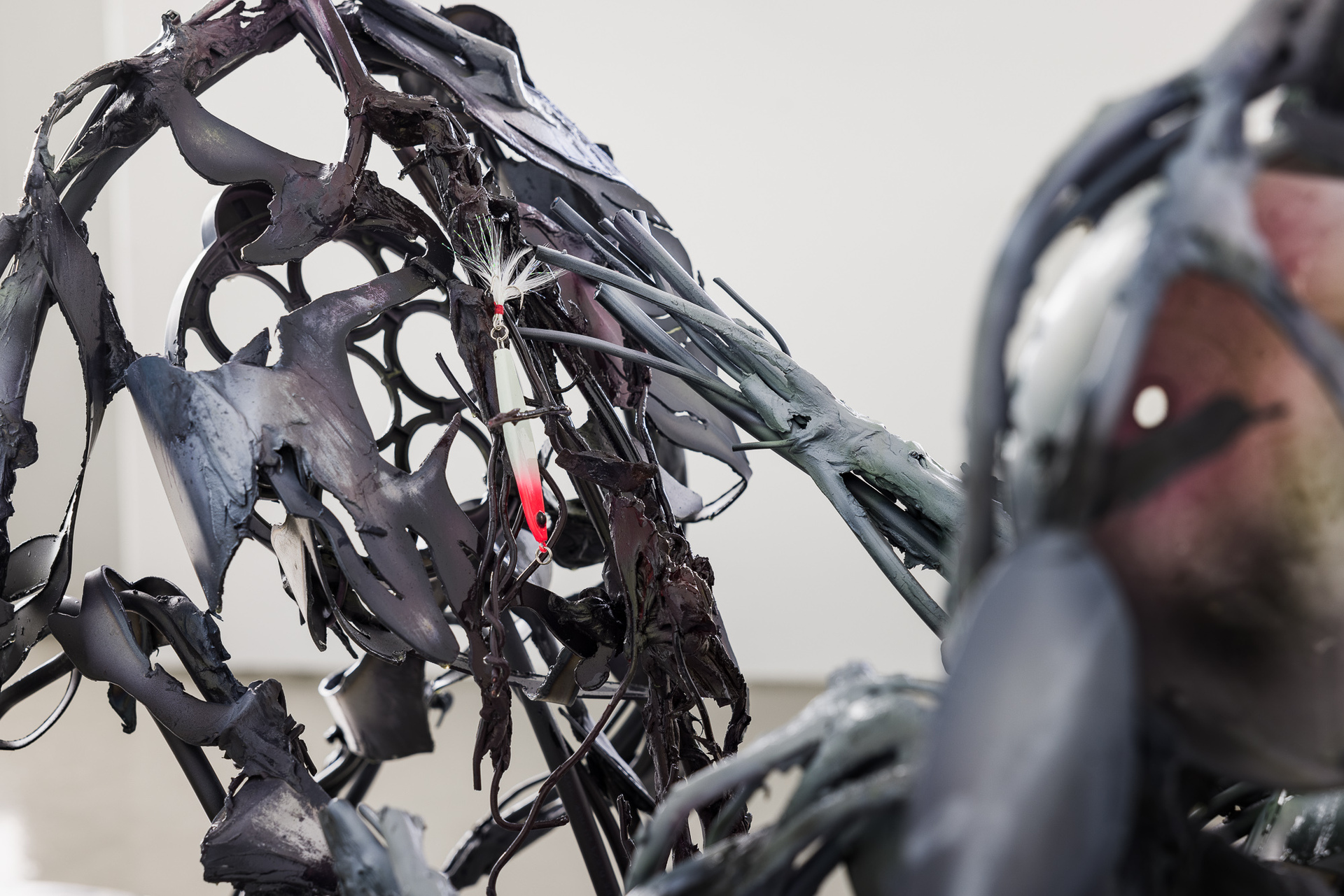 Proper amount of Pathos, Caring, and Necessity of other beings. A cat can't groom her forehead. Electrical wire, Epoxy putty, Found objects, Steel, Acrylic ink, LED strips 170 x 50 x 134 cm, 2022
