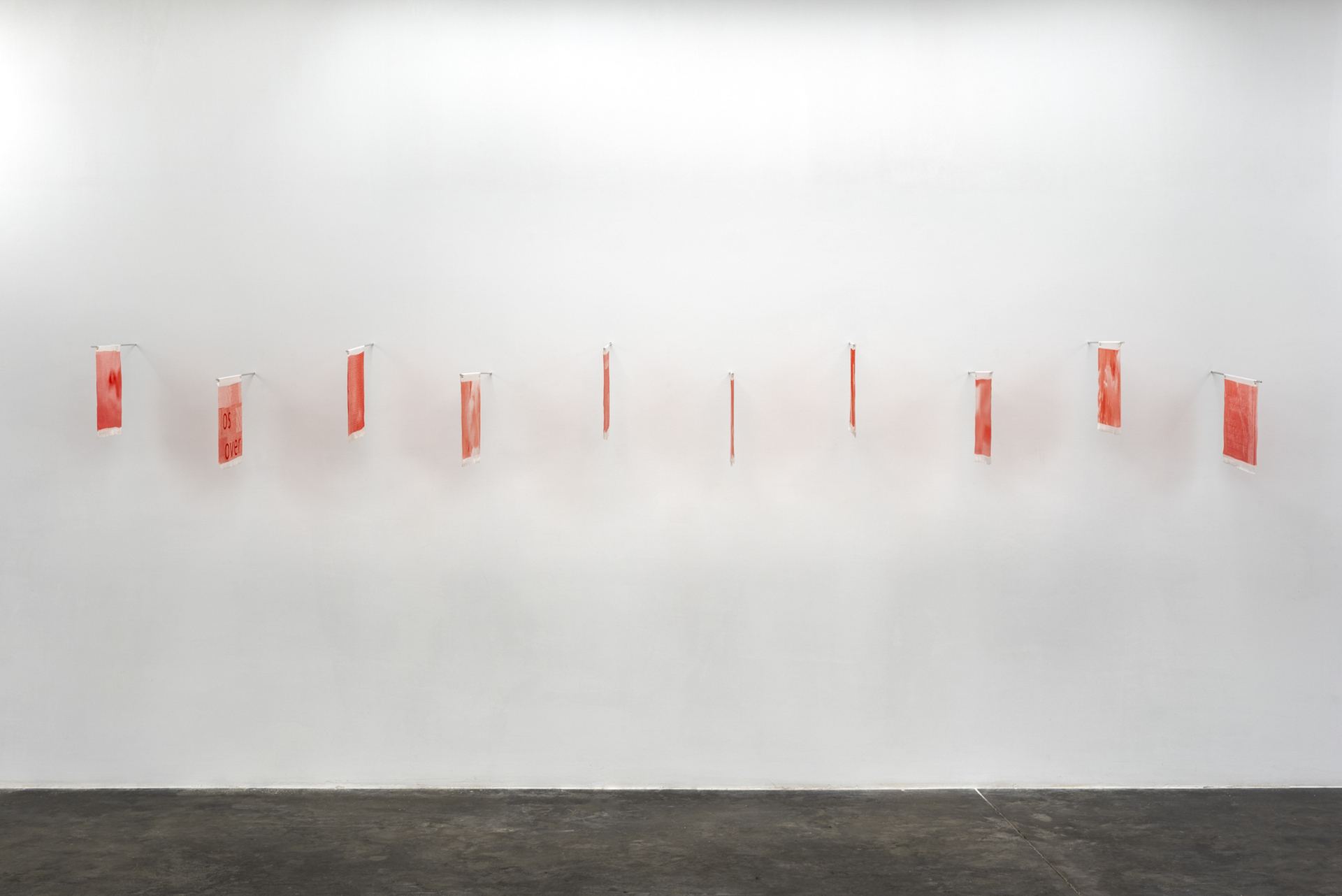 Luz Blanco, Mantras Installation, 2022, 10 flags (Print on silk), metal rod, 3 + 1 AP, 30 x 30 cm, 50 cm (each one)