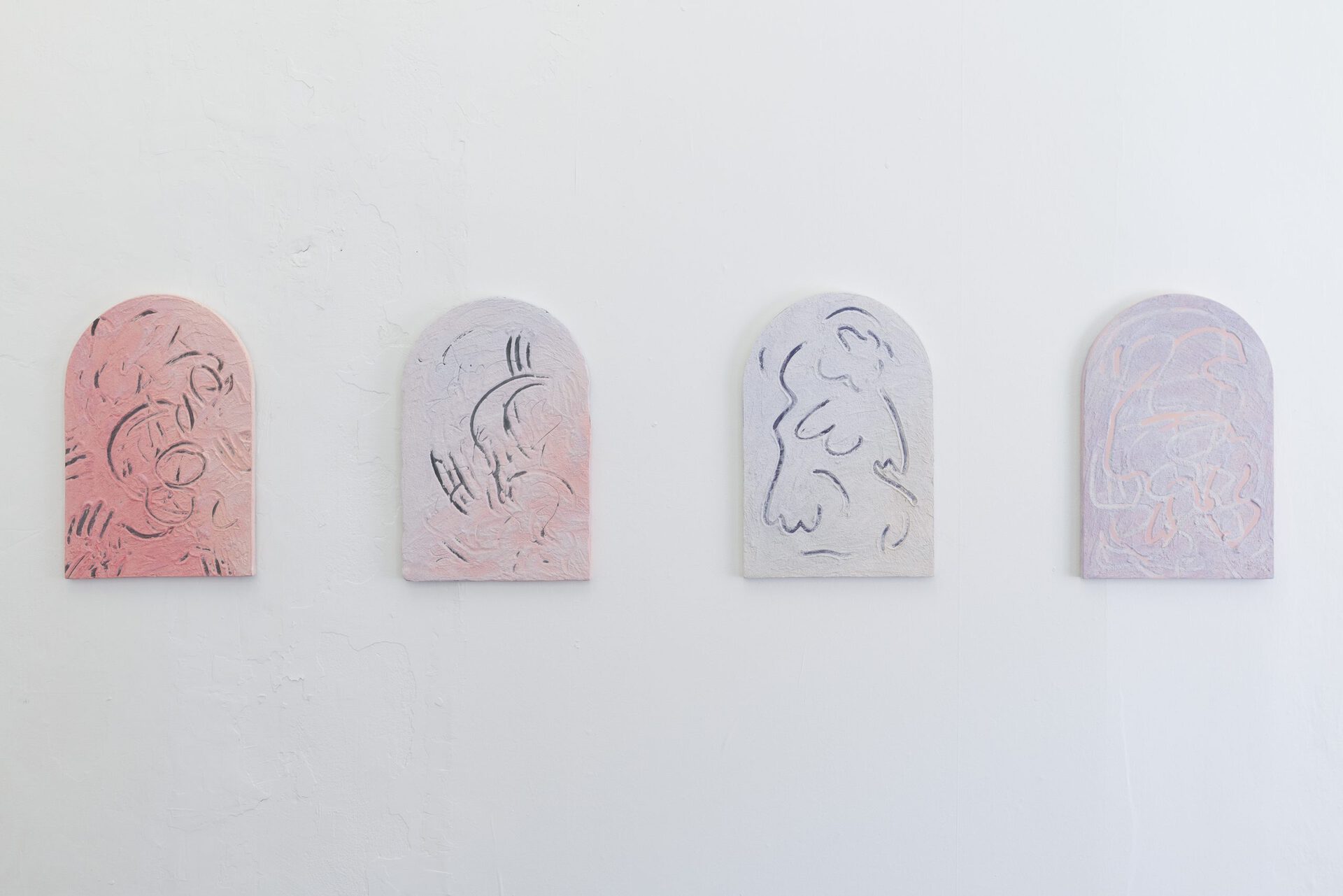 Lukas Thaler - touchy-feely (arch) I-IV (2021), plaster, marble powder, ink, fibre-reinforced XPS, aluminium, 40 x 60 x 2 cm, 4 pieces