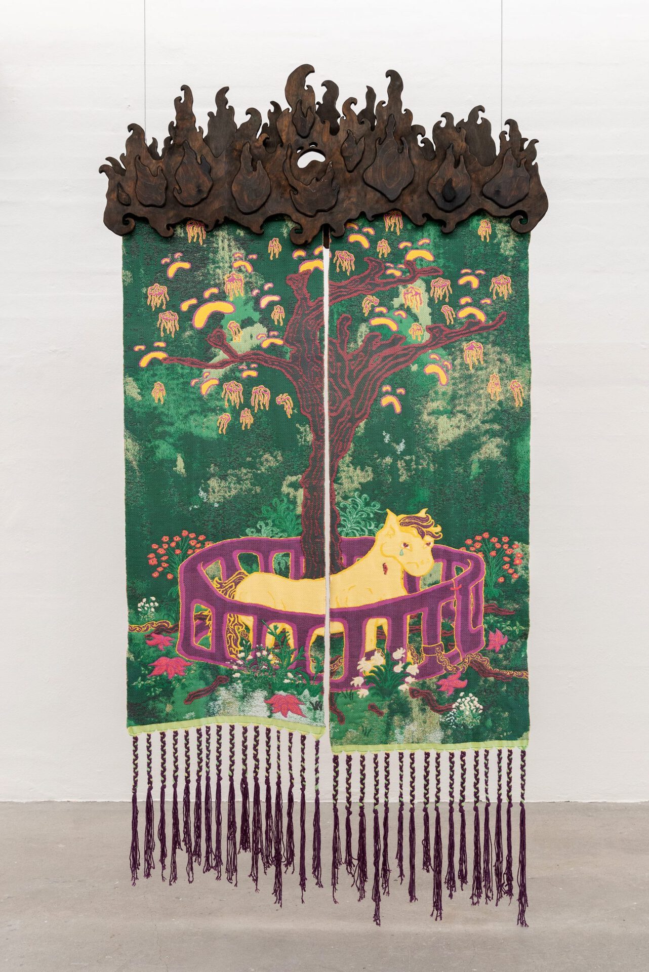Olivia Rode Hvass, Can’t seem to get out of my bed… out of my head.., 2022, TC2-jacquard handwoven digital tapestry, cotton, stained and burned wood     (Mount made in collaboration with carpenter Claus Hvass) Made at the Corrie Van Eijk-Dokter Digital TC2-Weaving Studio