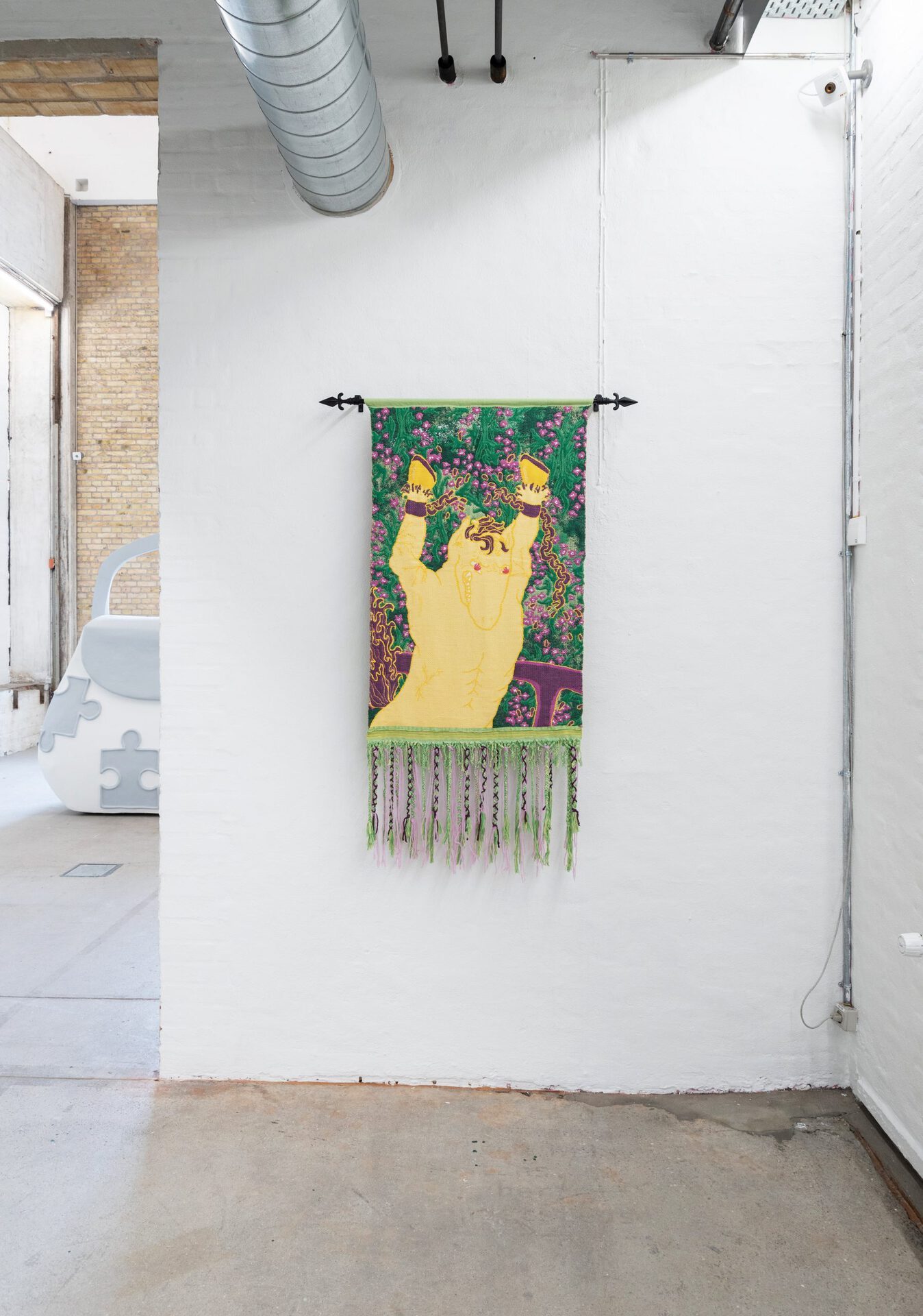 Olivia Rode Hvass, Break Down -- Break Free, 2022, TC2-jacquard digital tapestry, cotton, wool, curtain rod