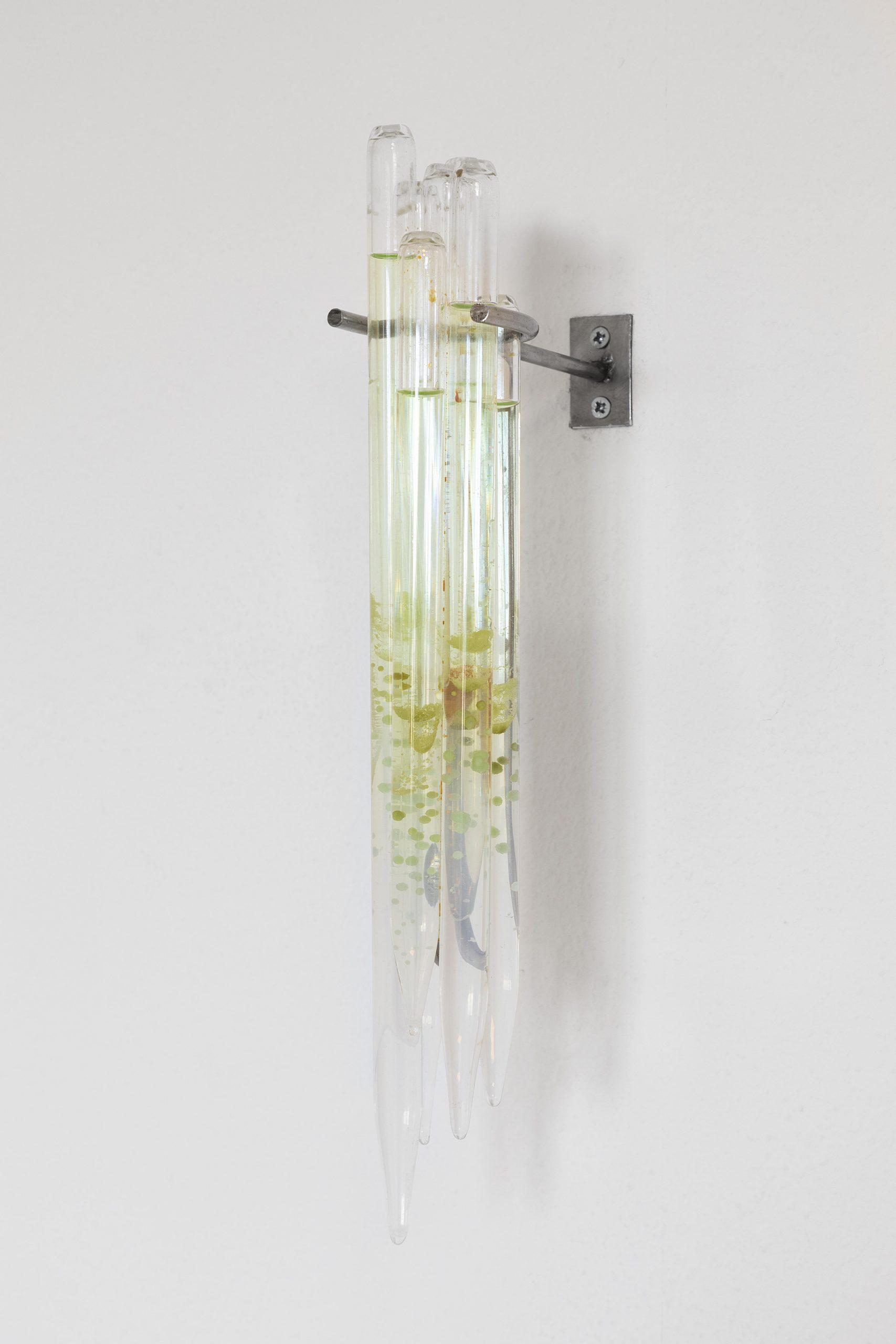 Junctures II (Contact Vector), 2022 Installation view water, silica gel, iron sulfate, tartaric acid, iron tartrate crystals, copper wires, hand-blown glass, stainless steel 35x5x5cm