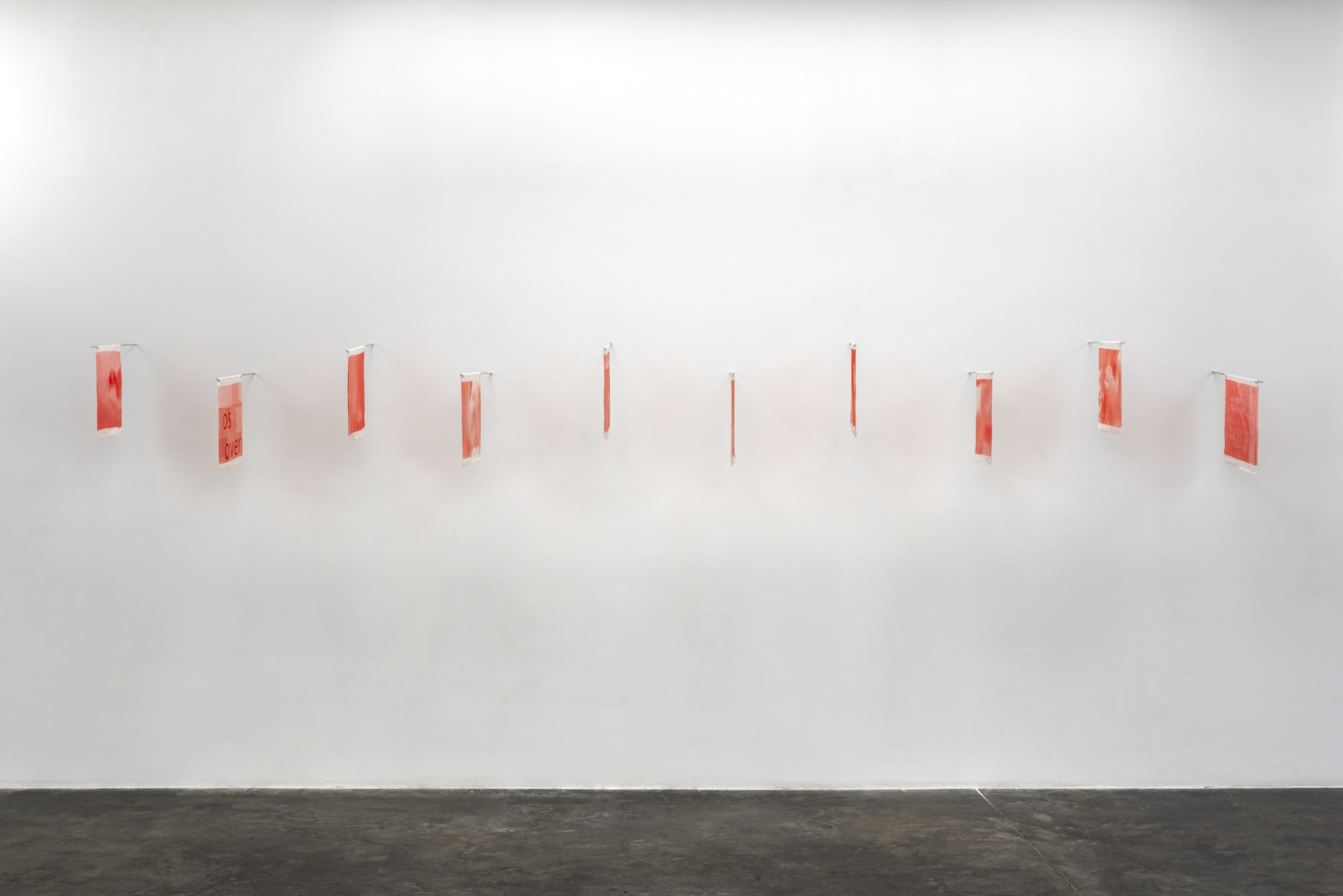 Luz Blanco, Mantras Installation, 2022, 10 flags (Print on silk), metal rod, 3 + 1 AP, 30 x 30 cm, 50 cm (each one)