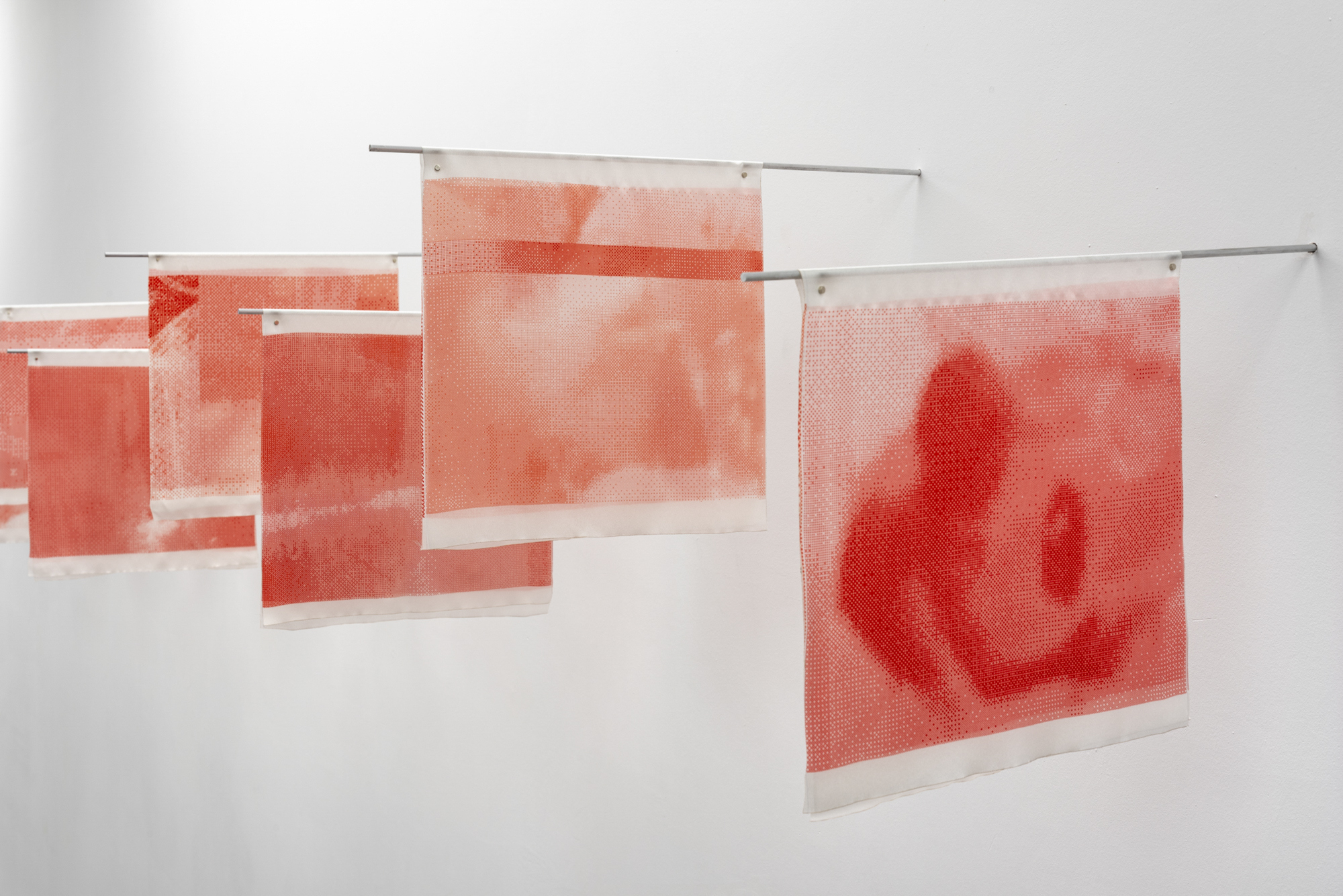 Luz Blanco, Mantras Installation, 2022, 10 flags (Print on silk), metal rod, 3 + 1 AP, 30 x 30 cm, 50 cm (each one)
