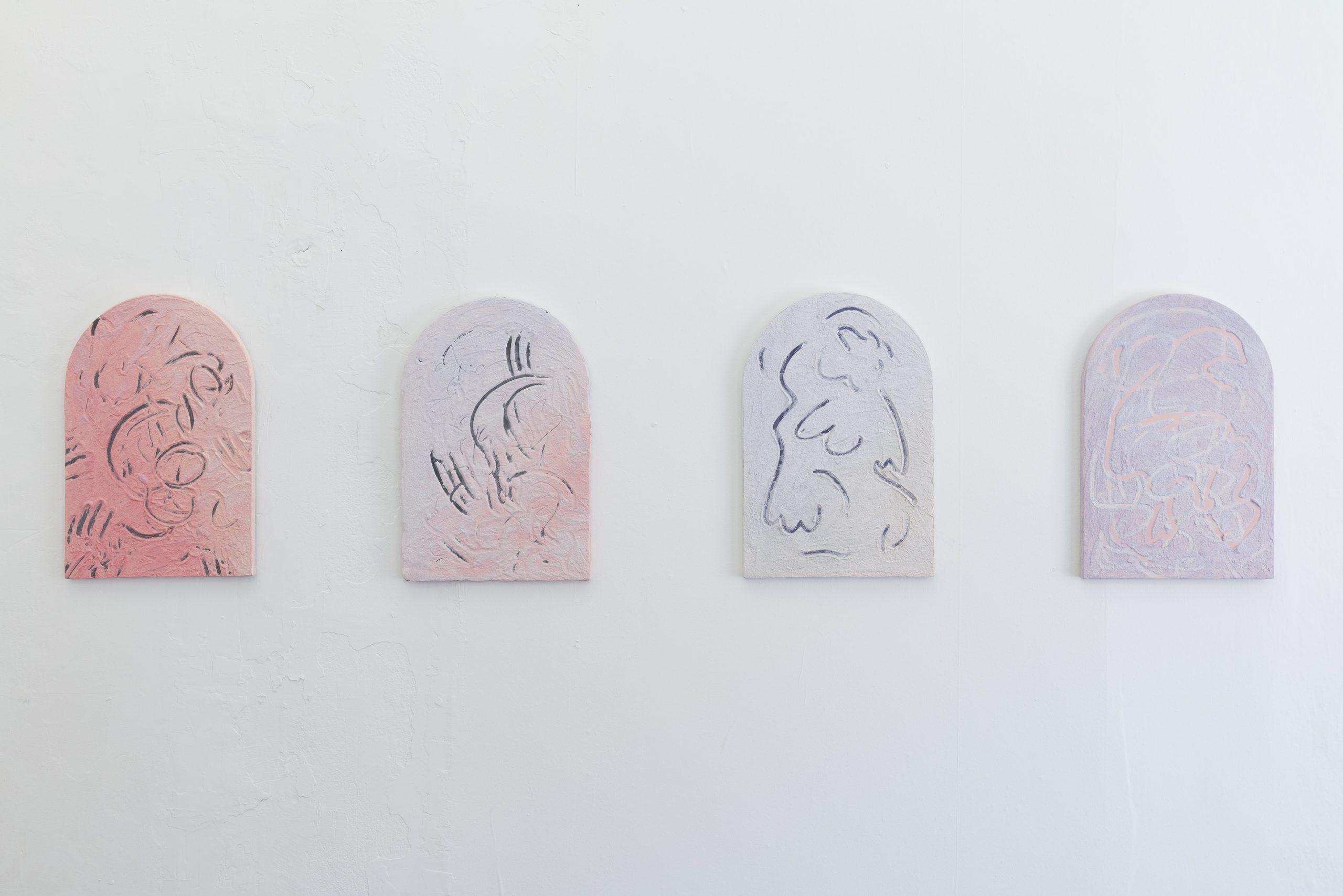 Lukas Thaler - touchy-feely (arch) I-IV (2021), plaster, marble powder, ink, fibre-reinforced XPS, aluminium, 40 x 60 x 2 cm, 4 pieces