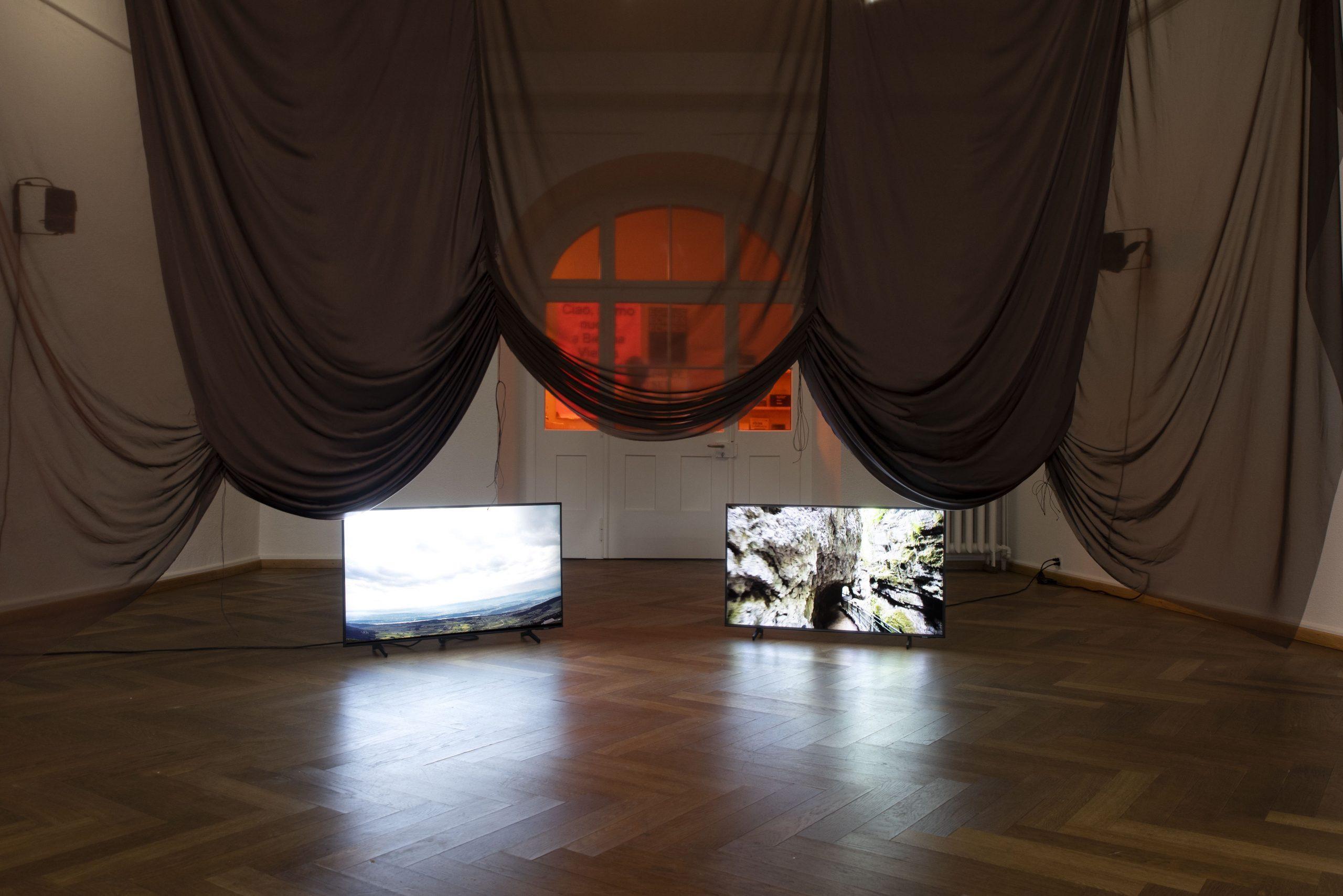Lara DÃ¢maso, to the unborn: catharsis, 2022 3-video installation with silk curtain and satin ribbons Credit photo: Â© James Bantone
