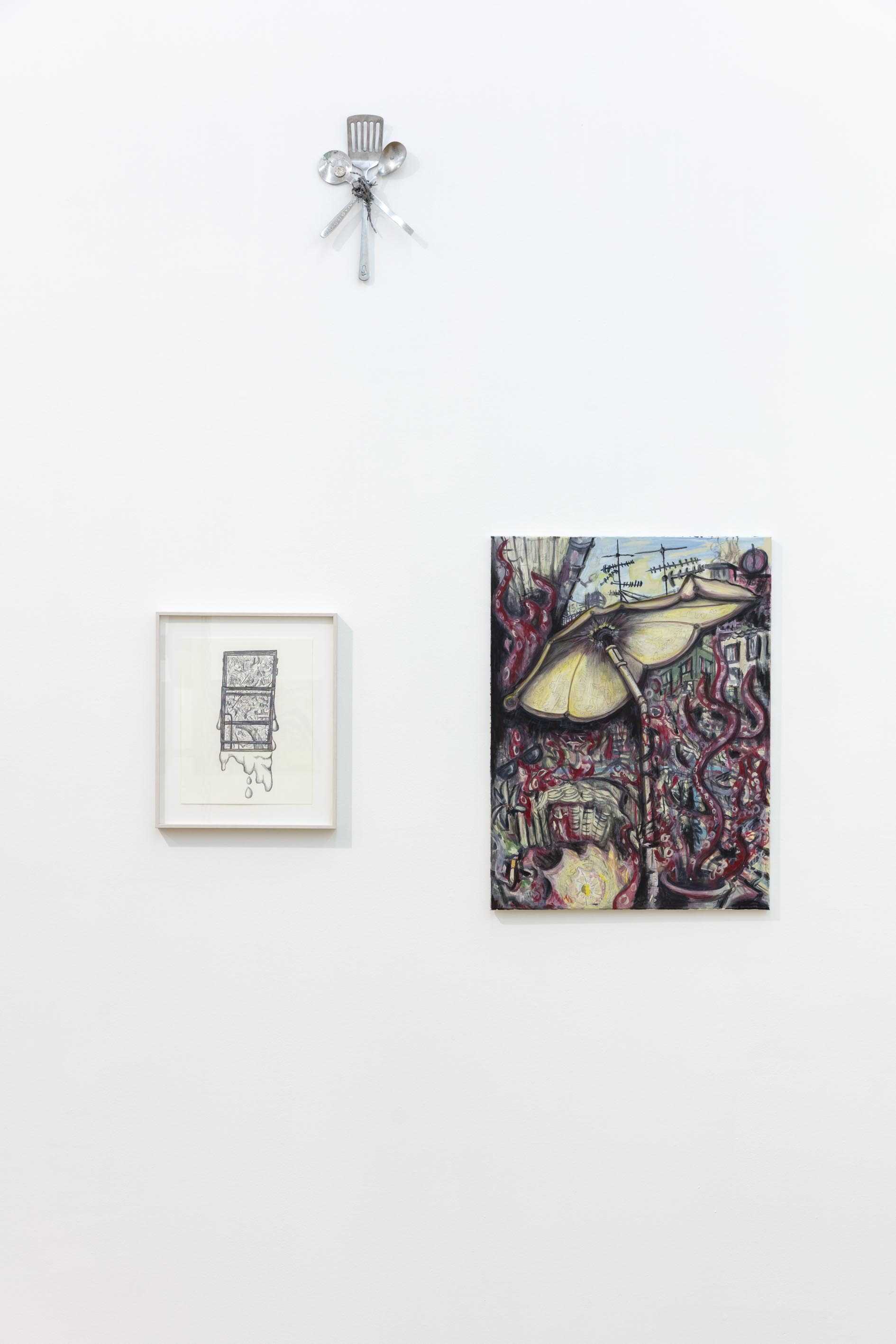 Window Eye II, 2022 pencil on paper 35.56 x 27.94cm/ f*ck the patria... (cutlery 4 the people), 2022, stainless steel, leather, nails, engraving, 35 x 20 x 5cm / Holes...Brain, 2021, acrylic on canvas, 80 x 60 x 2cm