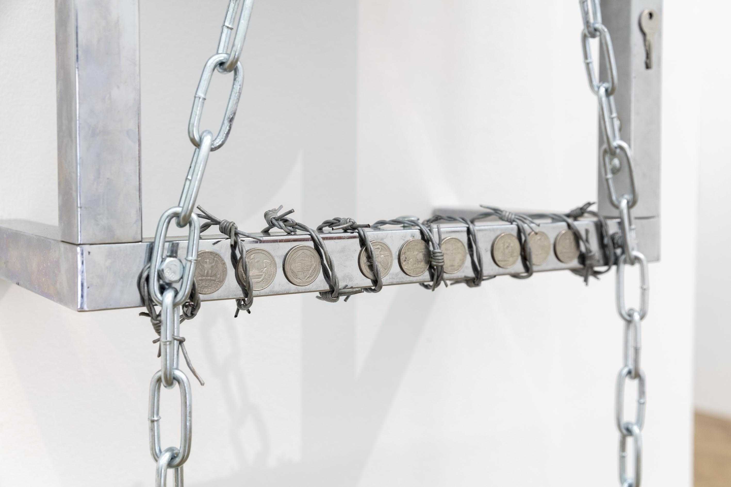 Shackles / Kitchen, 2022, stainless steel, chrome, leather, coins, glue, bolts, wire, keys, 145 x 44.5 x 26.5cm