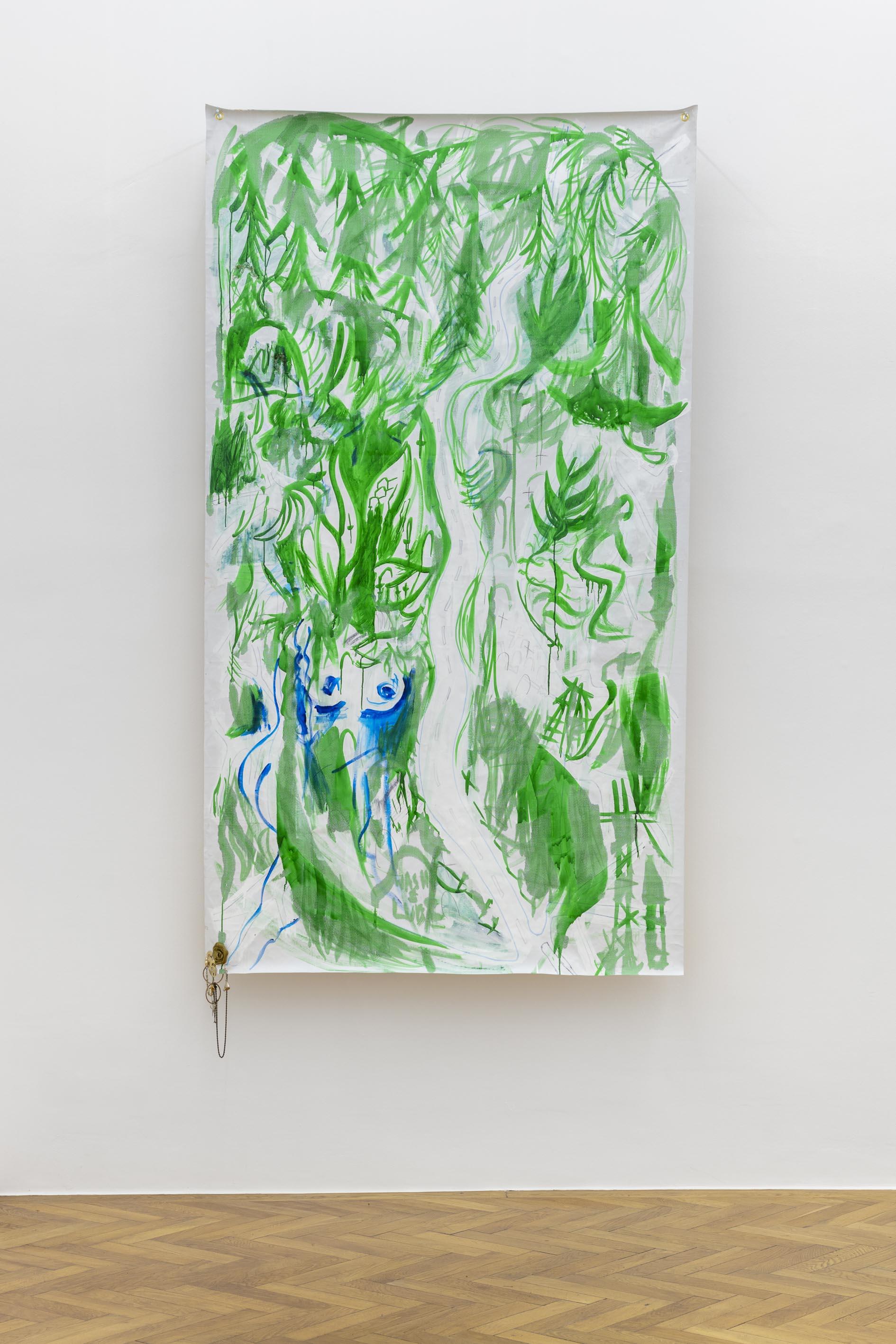 Evergreens Cemetery (Overgrown), 2022, acrylic, ink, permanent marker, Old Man’s Beard, stainless steel, brass, pencil on canvas and vinyl, 250 x 136cm