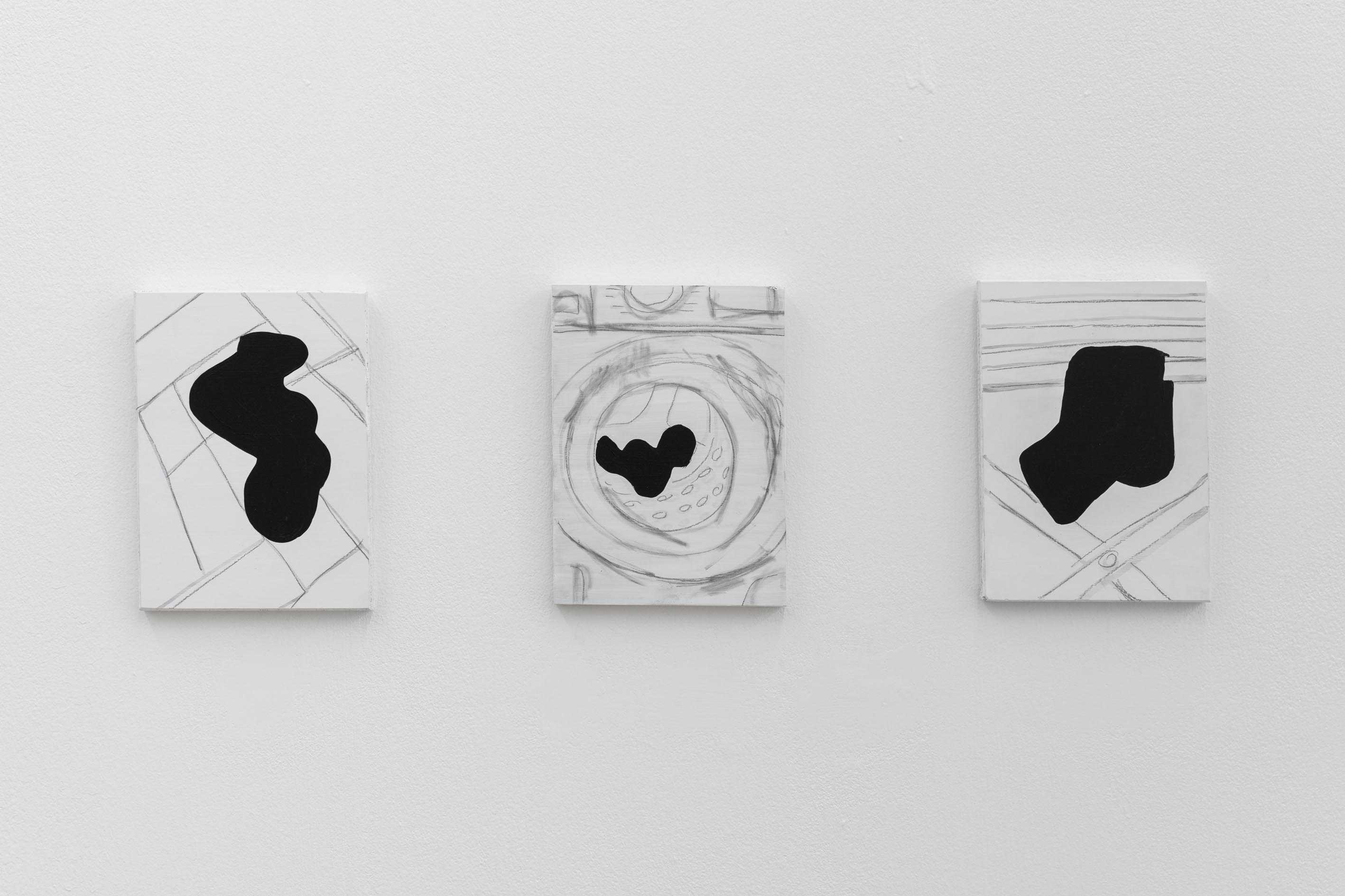 Washing Cycle (tryptych), 2022, permanent marker, pencil, acrylic on wood, 3, each 21 x 15.4 x 2cm