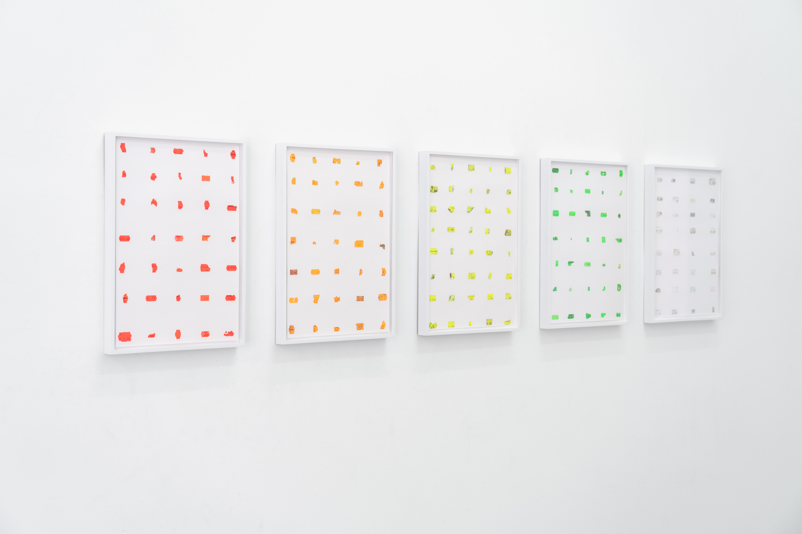 Nadine Fecht, „Surplus“, 2021, Found price tags on paper, framed, 5-part, each 43,50 x 25,20 cm 