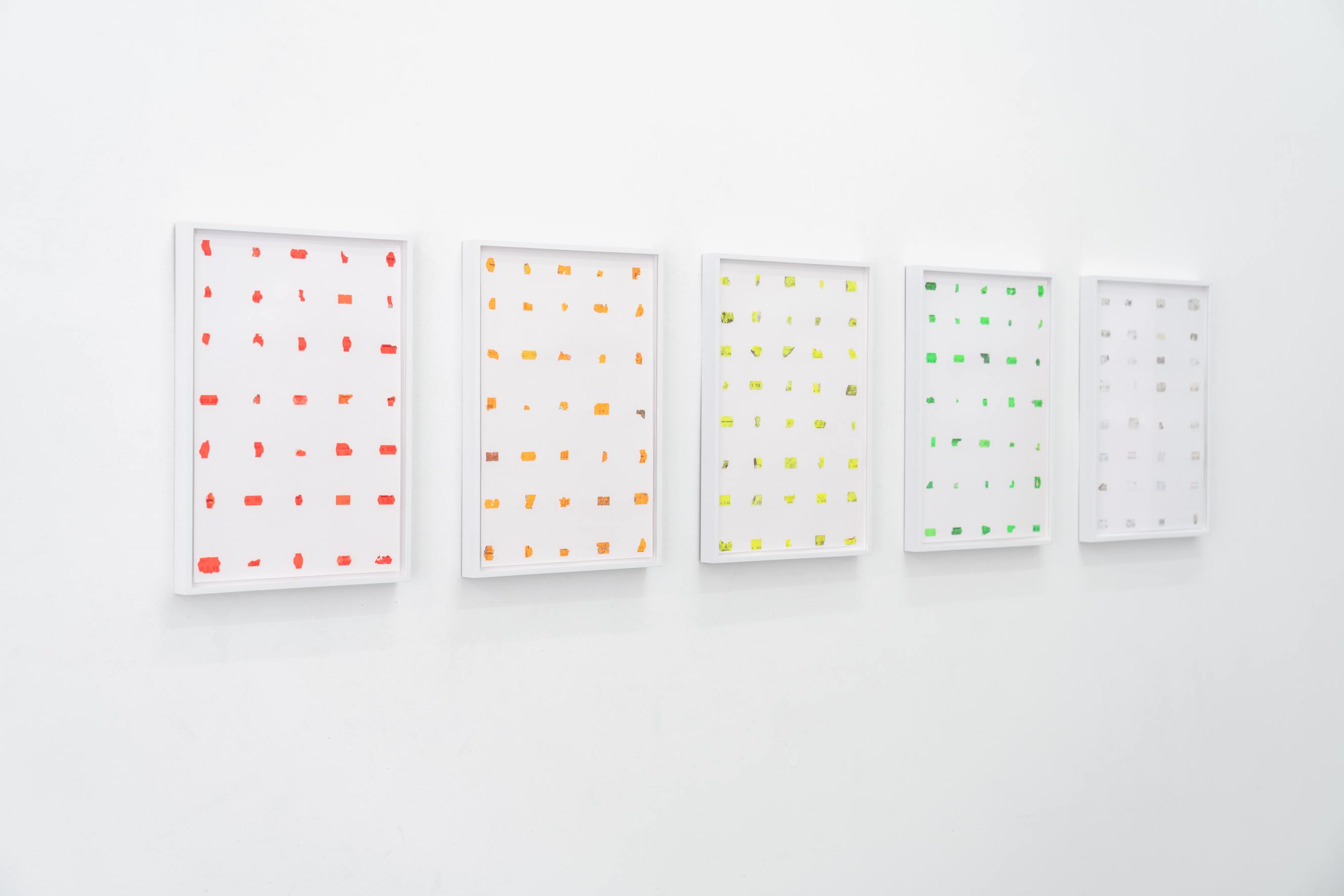 Nadine Fecht, „Surplus“, 2021, Found price tags on paper, framed, 5-part, each 43,50 x 25,20 cm