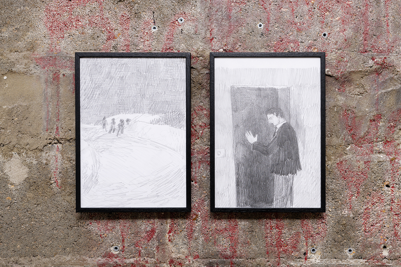 Arthur Marie, Inspection and Continental Shift, both 2020, graphite on paper, 222 Ă 309 mm